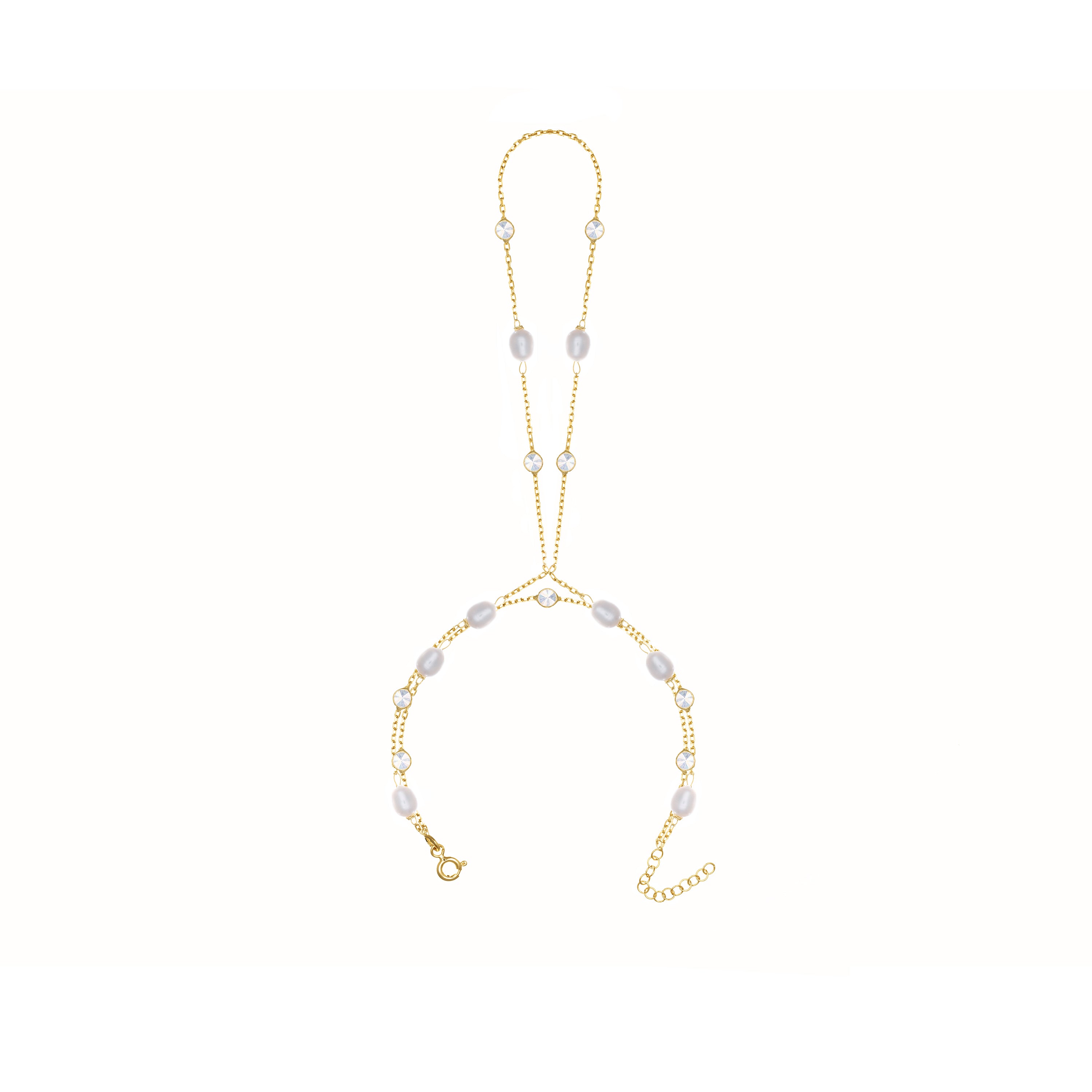 Cubic Zirconia And Pearl Bezel Hand Bracelet - Gold White