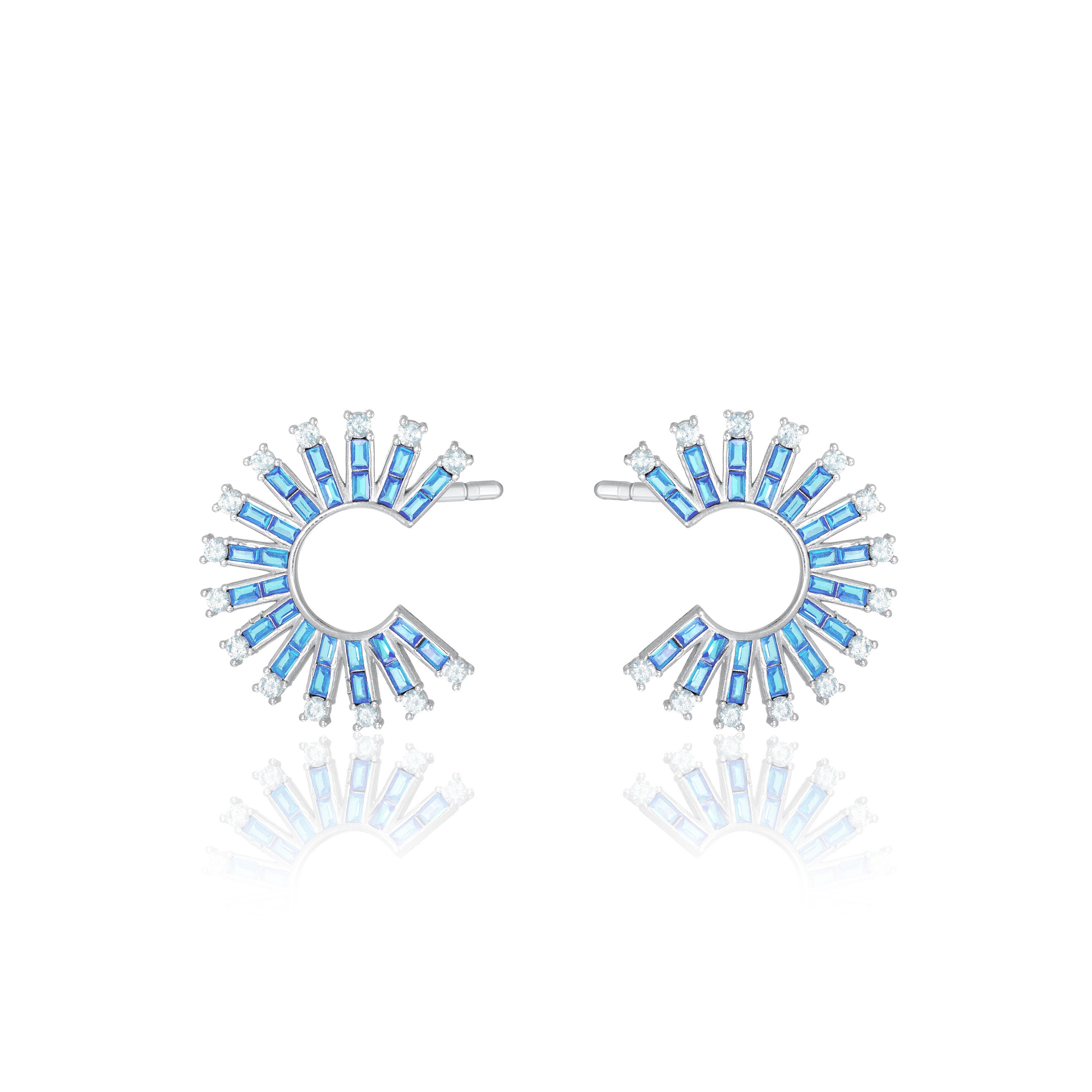 Cubic Zirconia Baguette Sun Rays C Shape Earrings - Silver Aquamrine And White