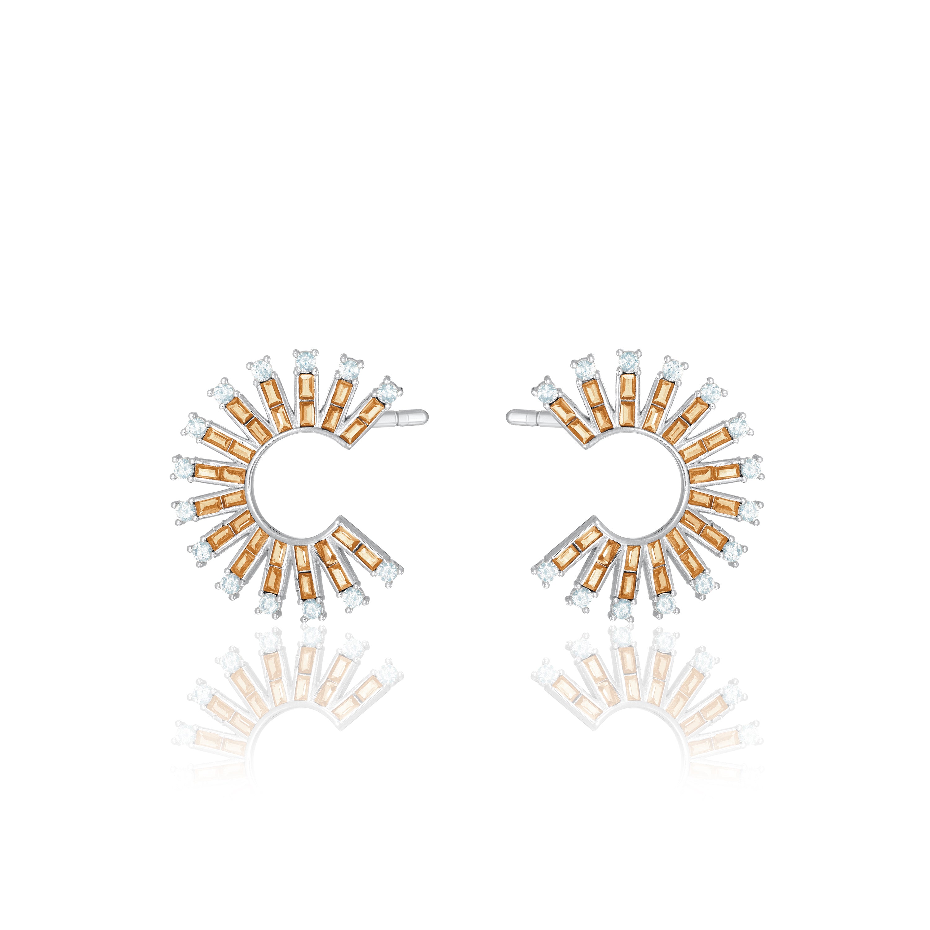 Cubic Zirconia Baguette Sun Rays C Shape Earrings - Silver Champagne And White