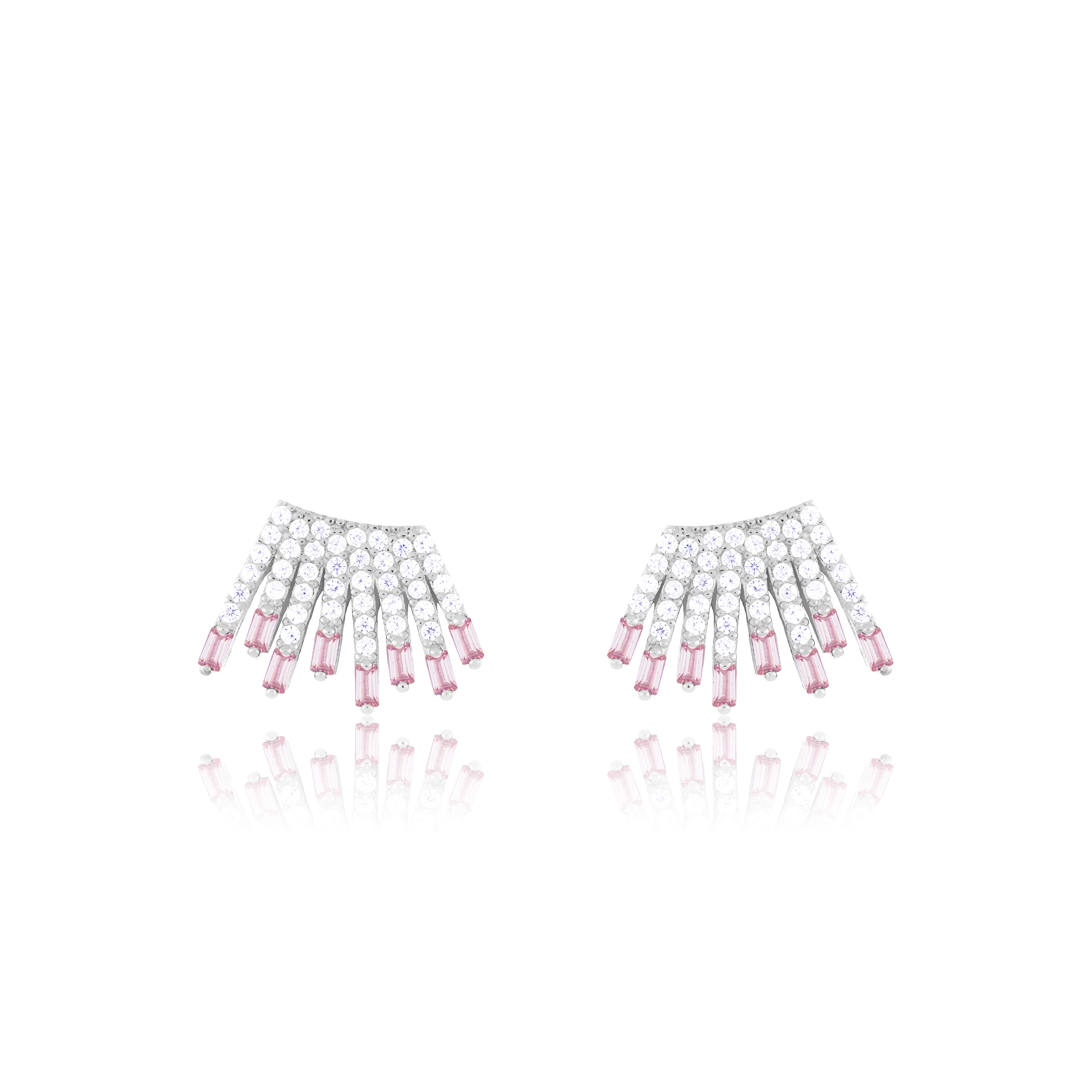 Cubic Zirconia Baguette Sun Rays Earrings - Silver Light Pink And White