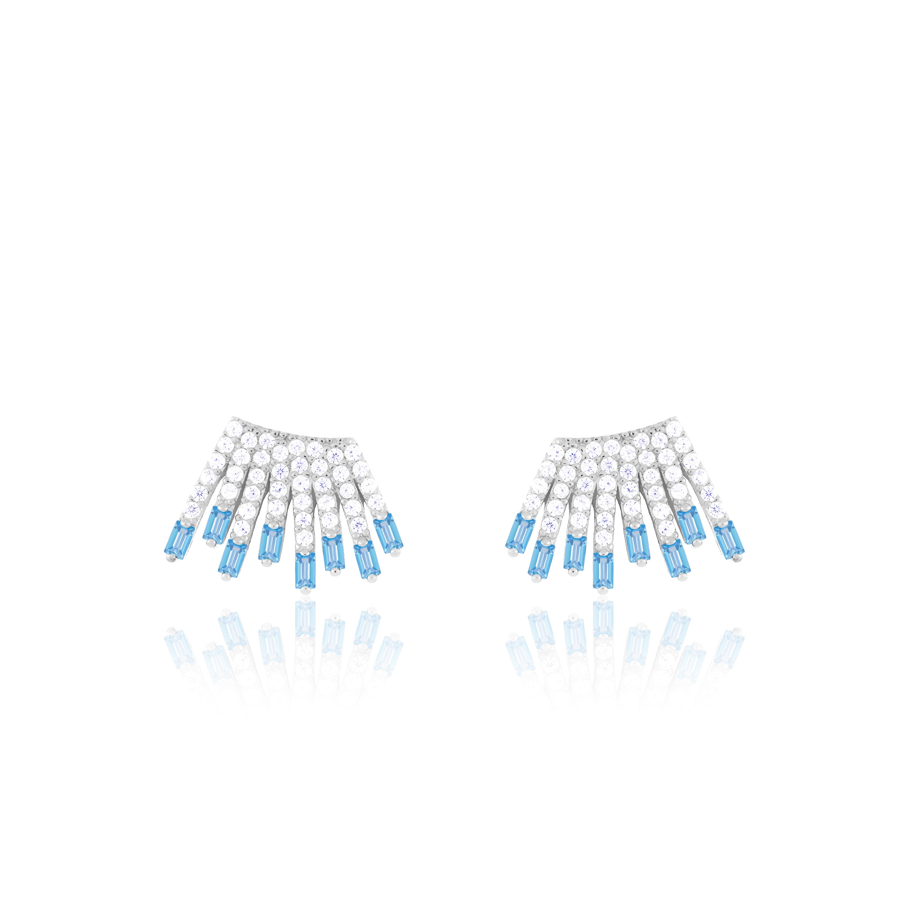 Cubic Zirconia Baguette Sun Rays Earrings - Silver Aquamarine