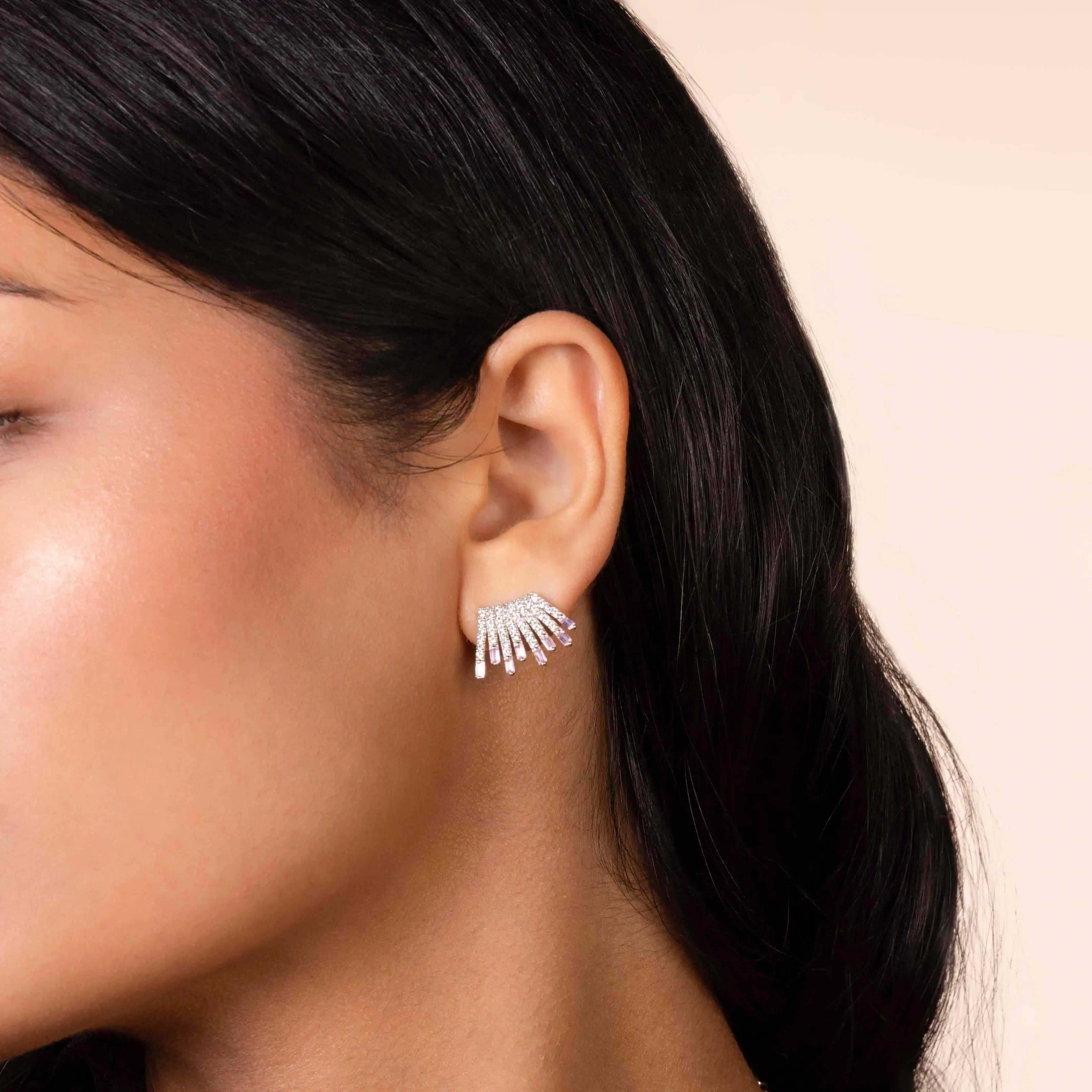 Cubic Zirconia Baguette Sun Rays Earrings - Silver Light Pink And White