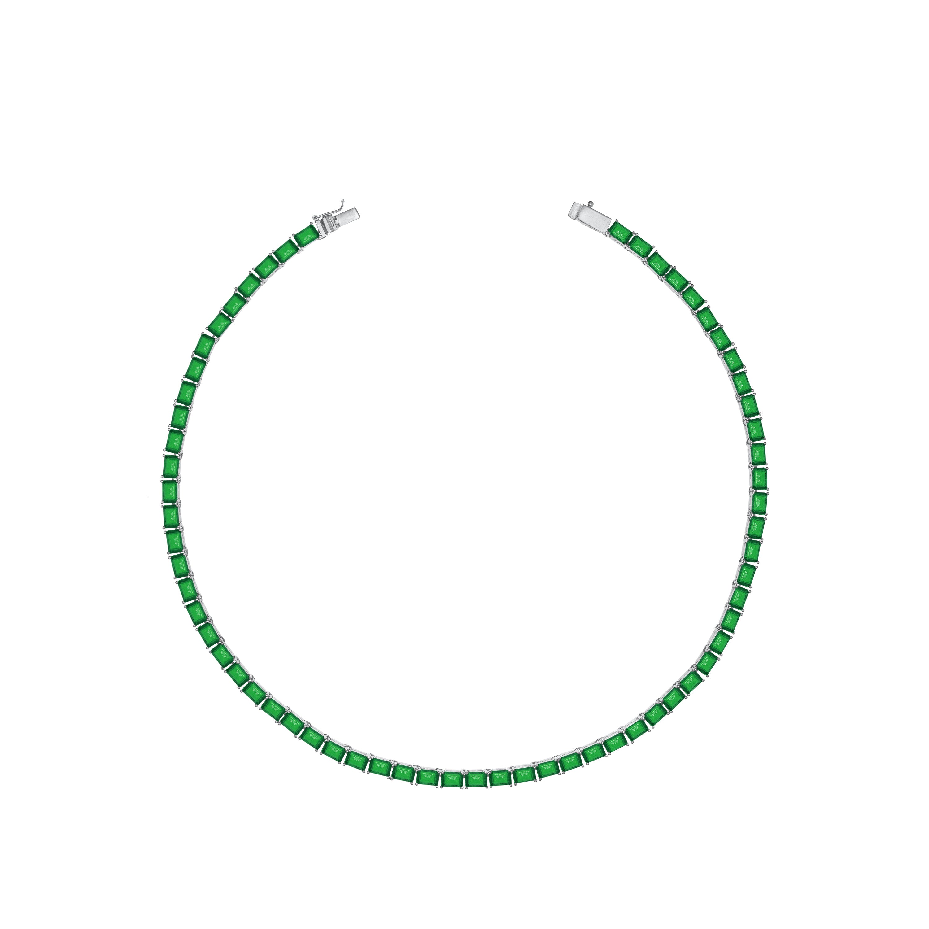 Cubic Zirconia Emerald Cut Tennis Necklace With Box Clasp - Silver Green Matt - 35CM