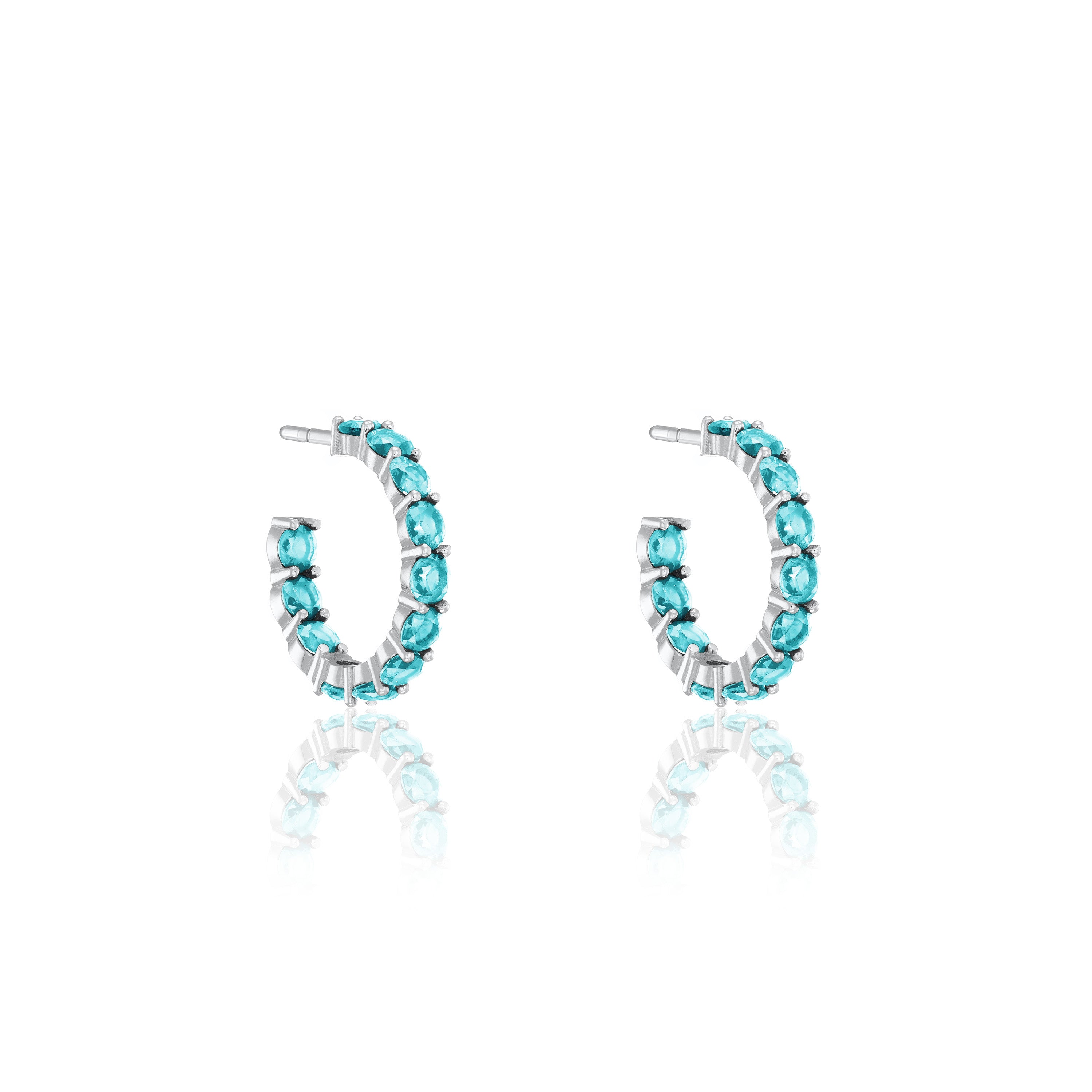 Cubic Zirconia Inside Out Semi Hoop Earrings - Silver Aquamarine - Small