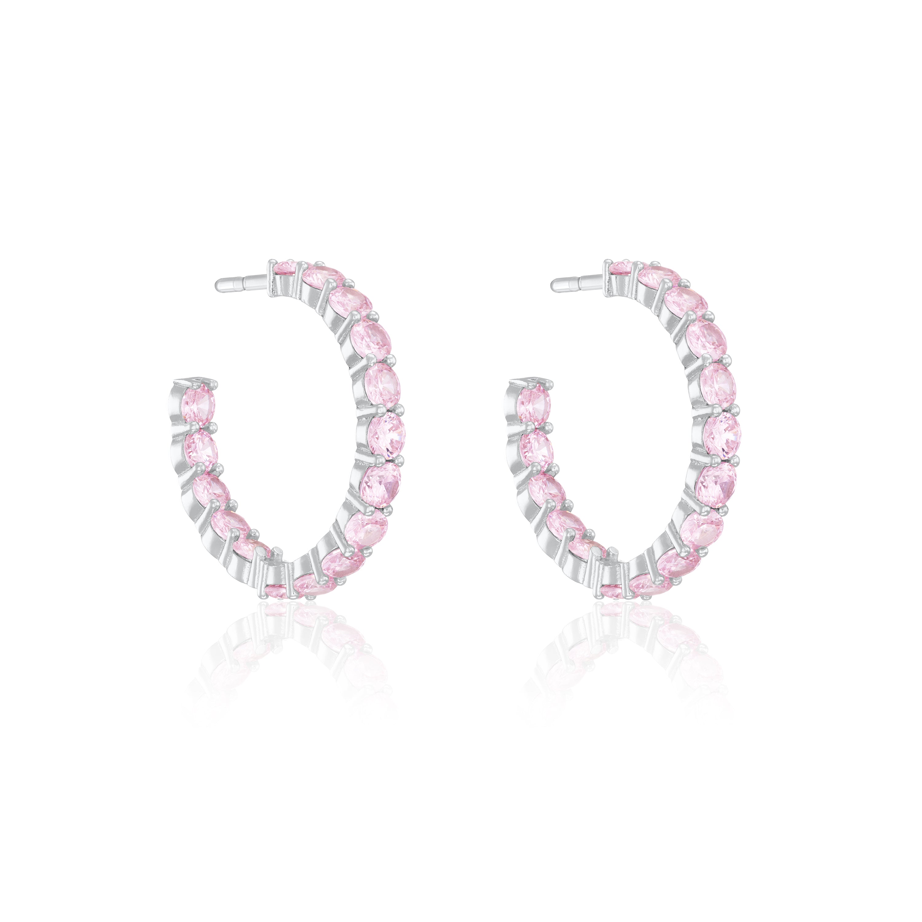 Cubic Zirconia Inside Out Semi Hoop Earrings - Silver Light Pink - Big