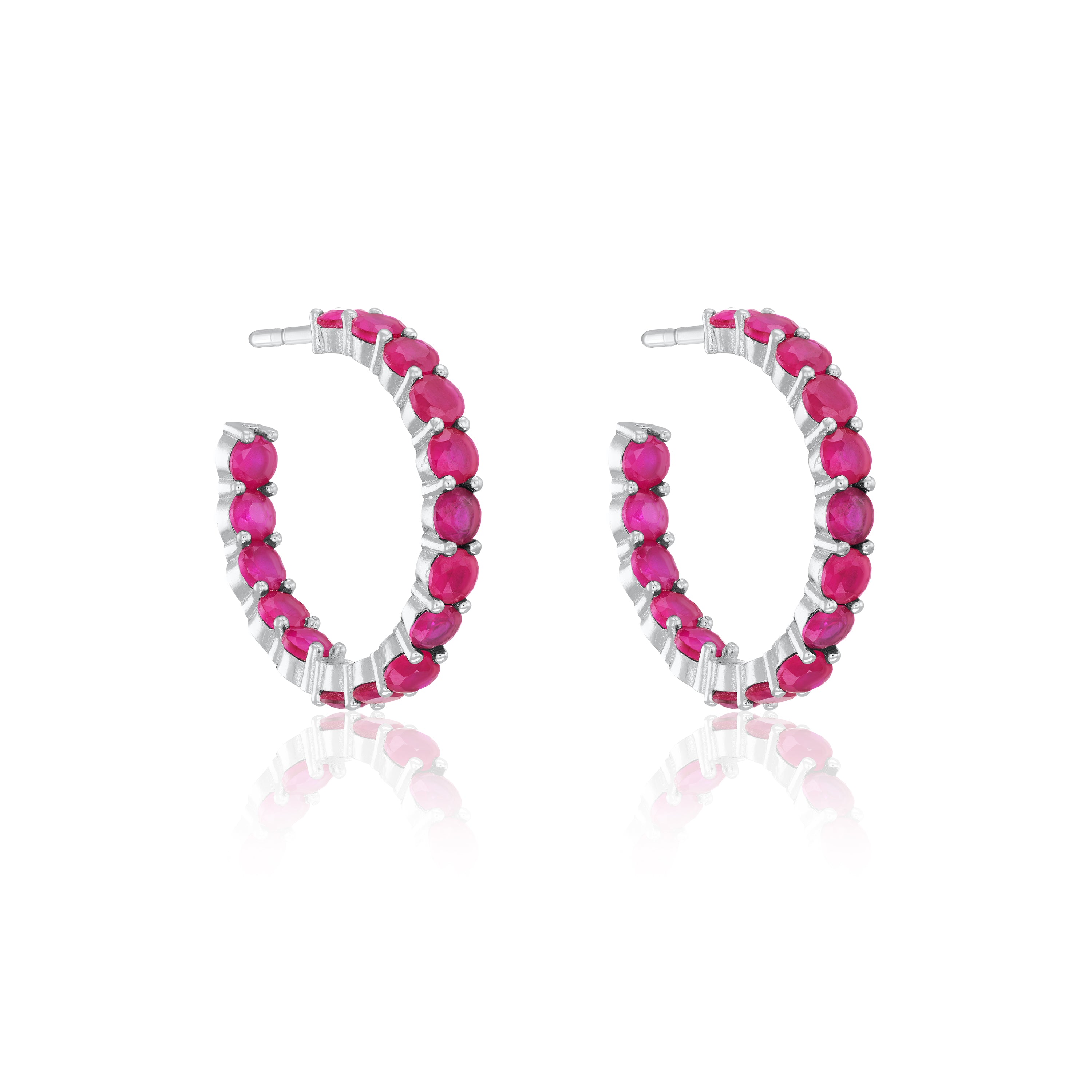 Cubic Zirconia Inside Out Semi Hoop Earrings - Silver Ruby Matt - Big