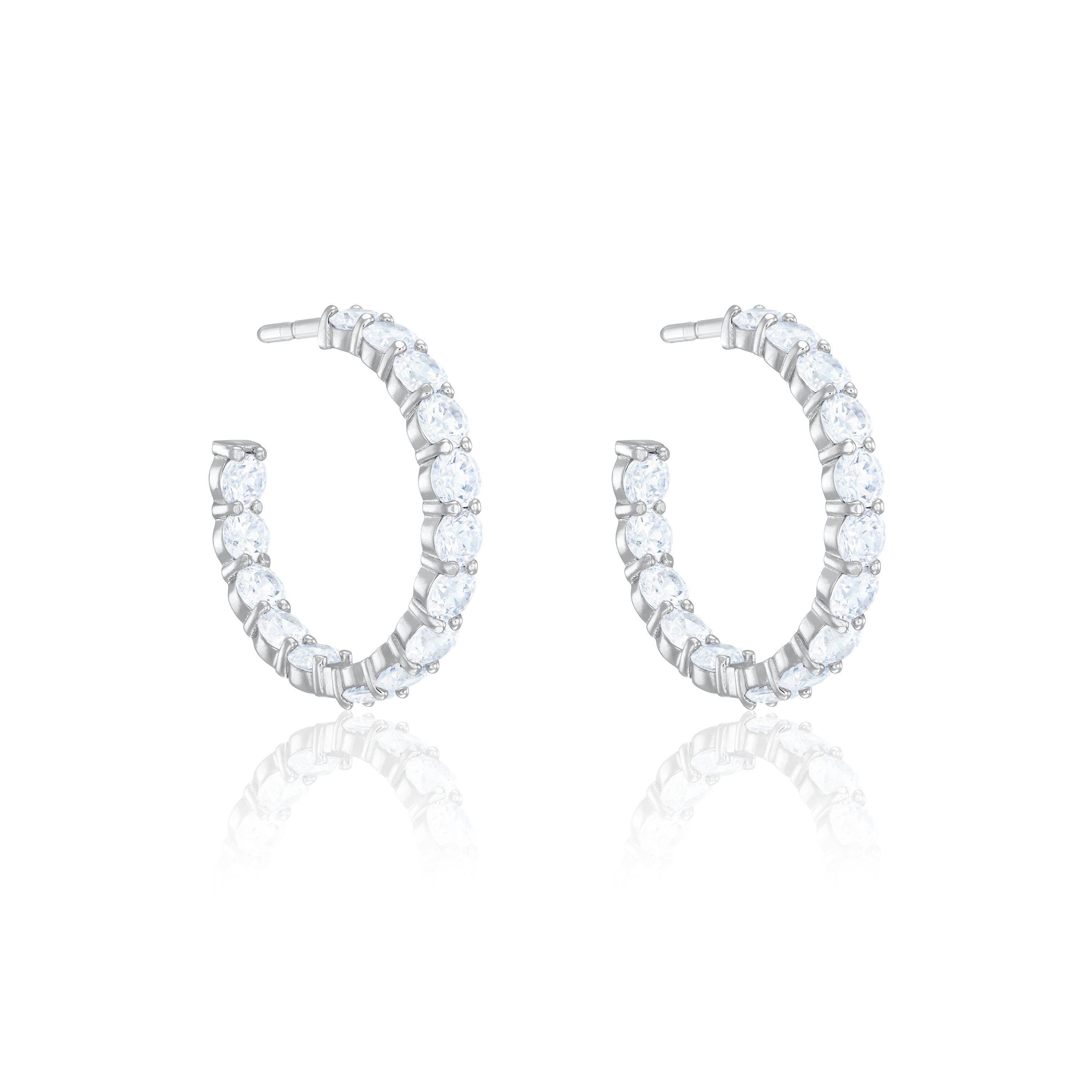 Cubic Zirconia Inside Out Semi Hoop Earrings - Silver White - Big