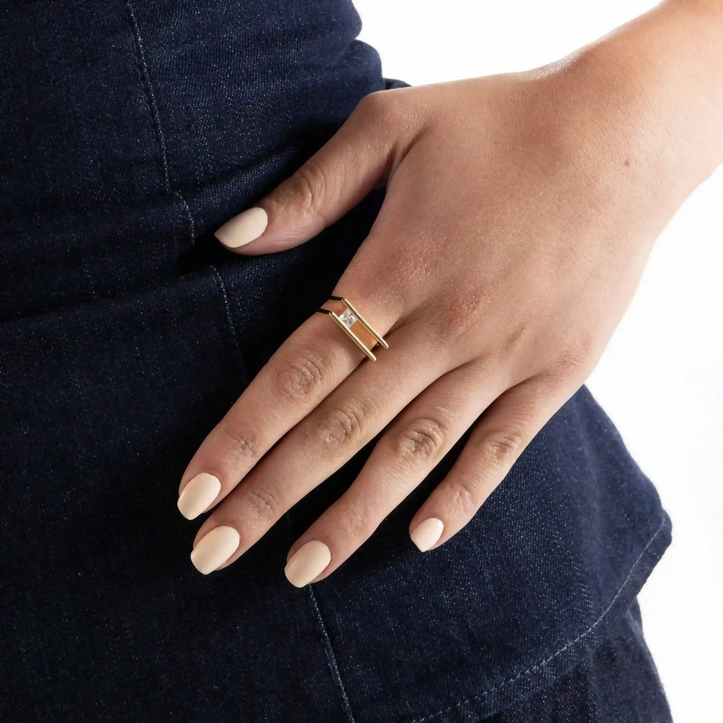 Cubic Zirconia Stone Double Bar Ring - Gold White - One Rectangle Stone