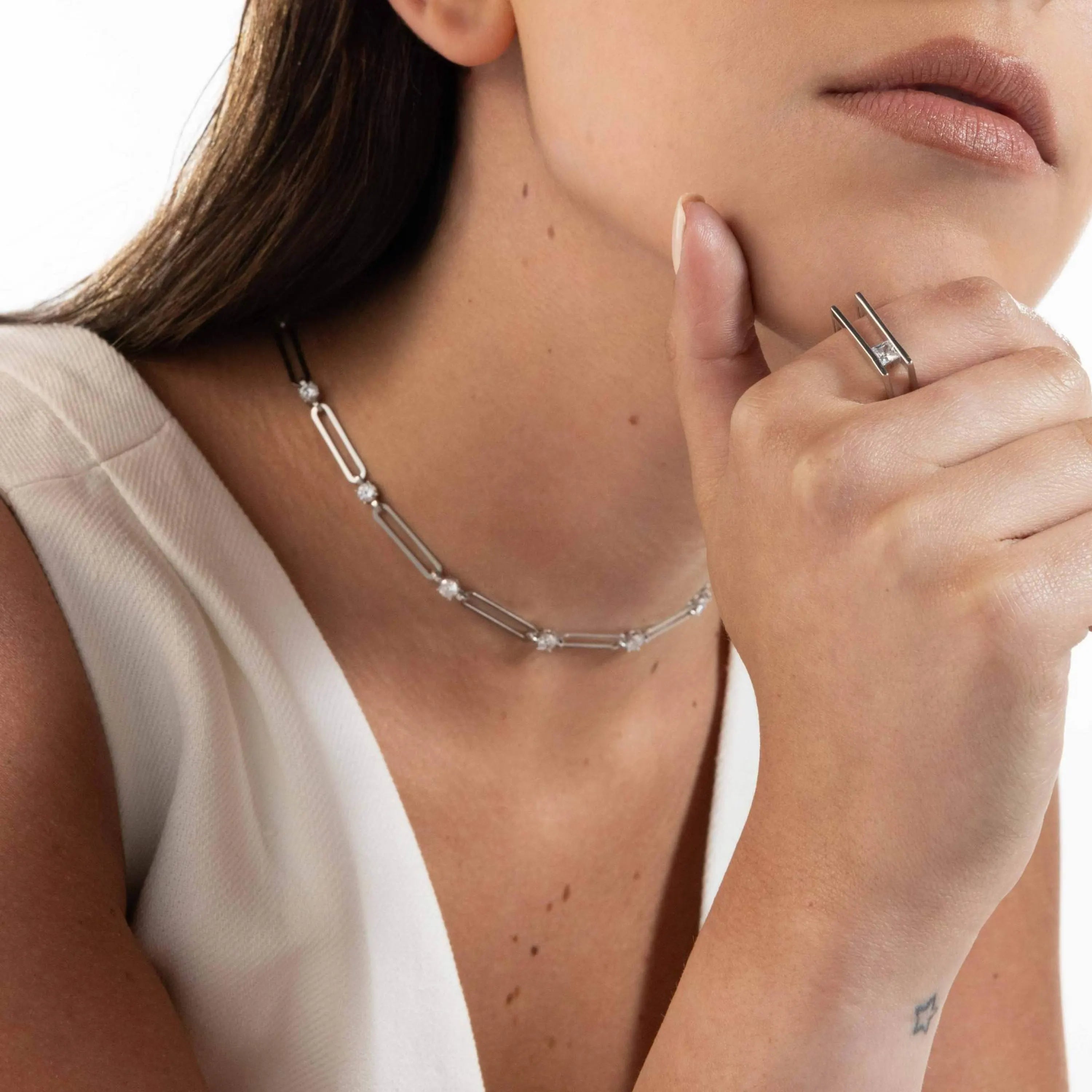 Cubic Zirconia Stone Double Bar Ring - Silver White - One Rectangle Stone