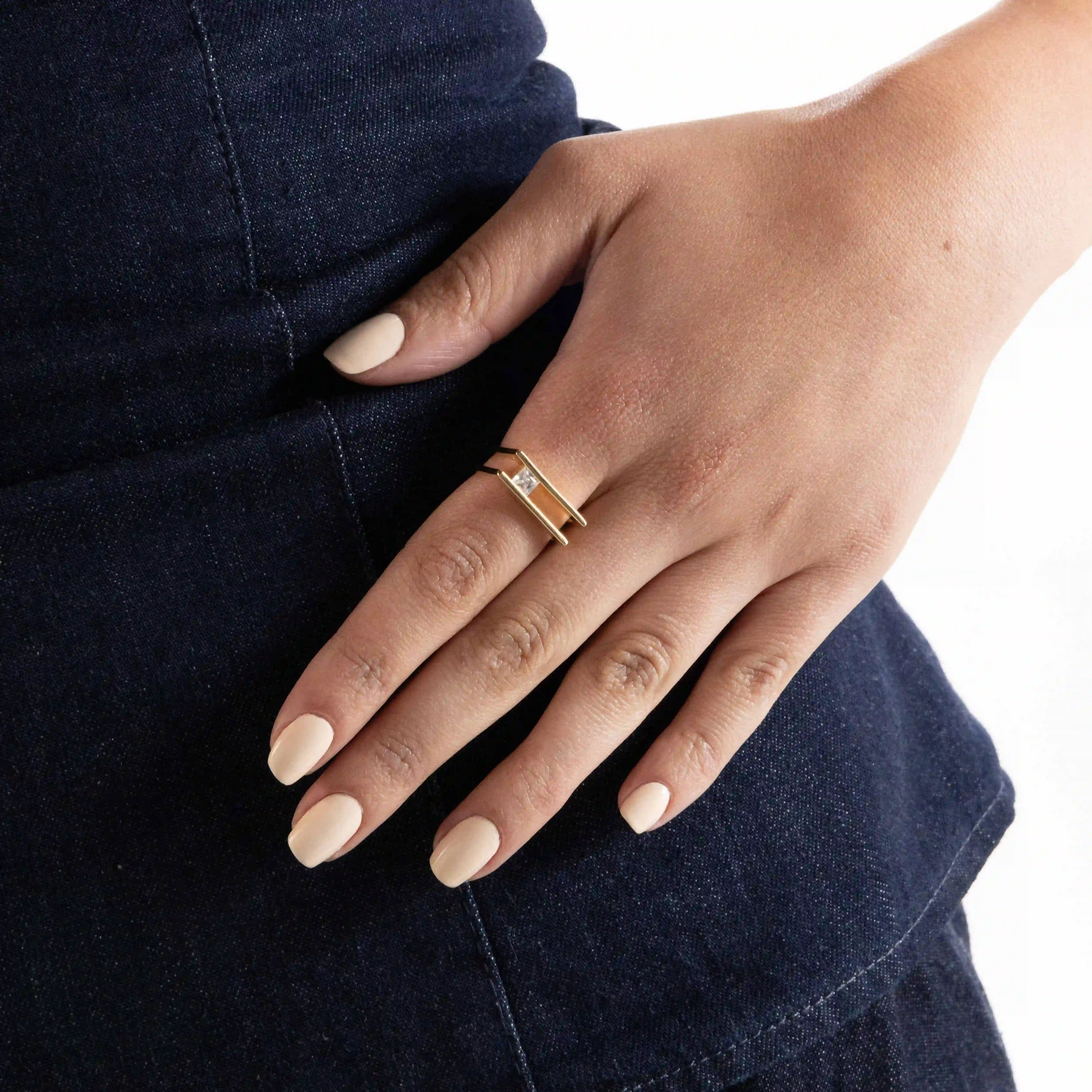 Cubic Zirconia Stone Double Bar Ring - Gold White - One Rectangle Stone