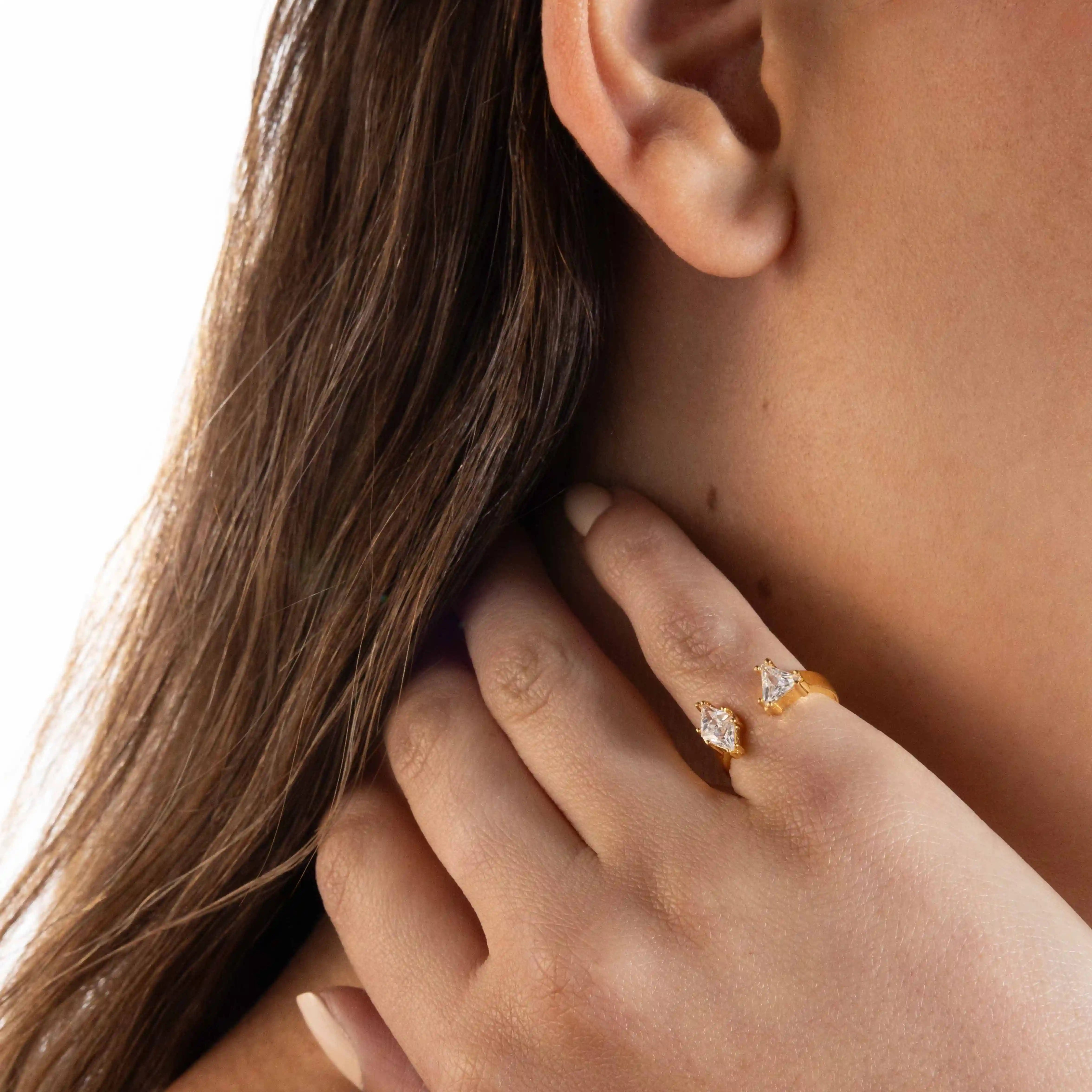 Cubic Zirconia Three Triangles Open Pinky Ring - Gold White
