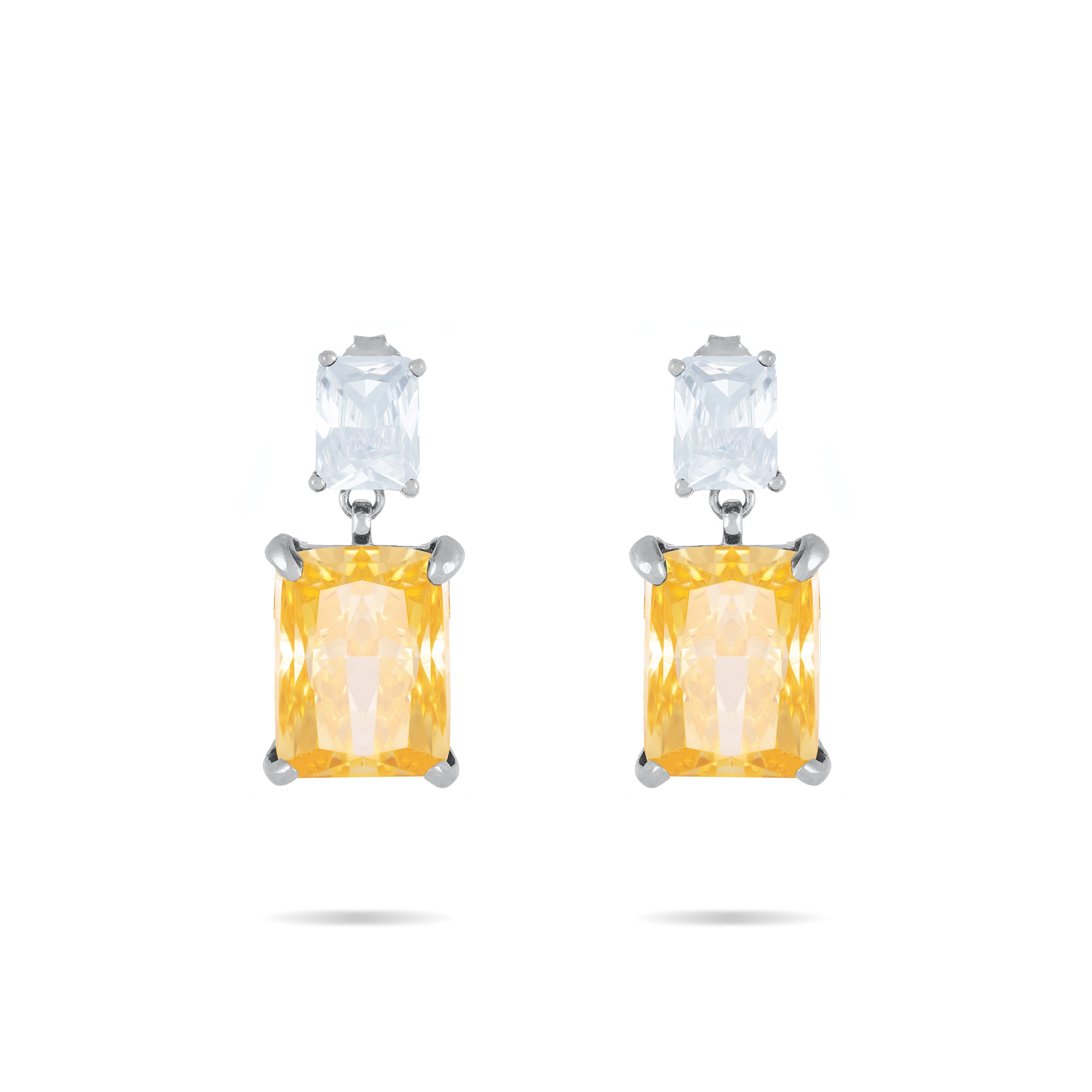Cubic Zirconia Two Rectangle Stone Drop Earrings - Silver Citrine And White