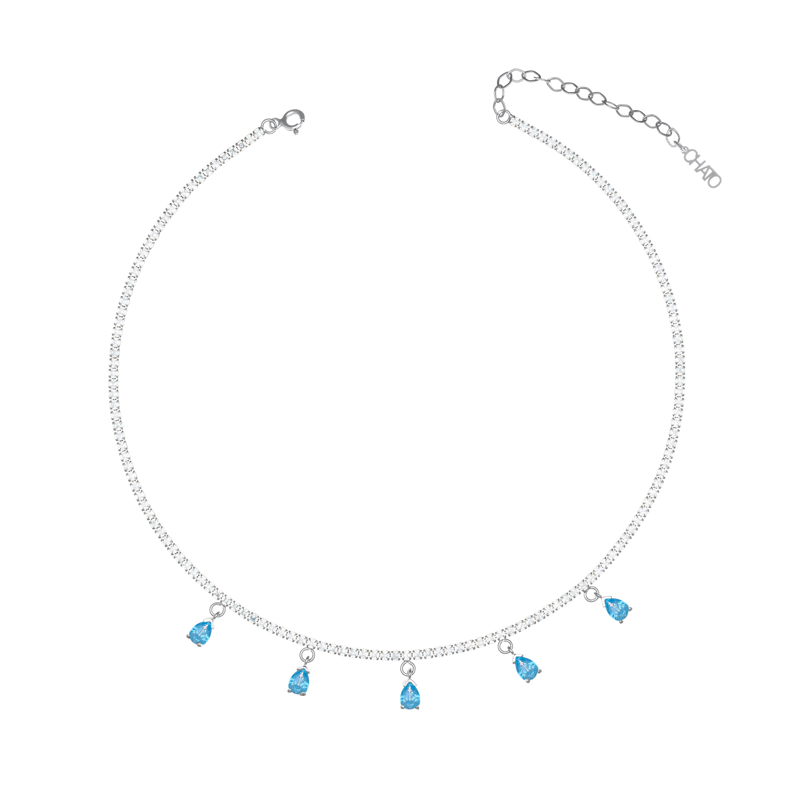 Dangling Multi Teardrop Tennis Choker - Silver Aquamarine And White