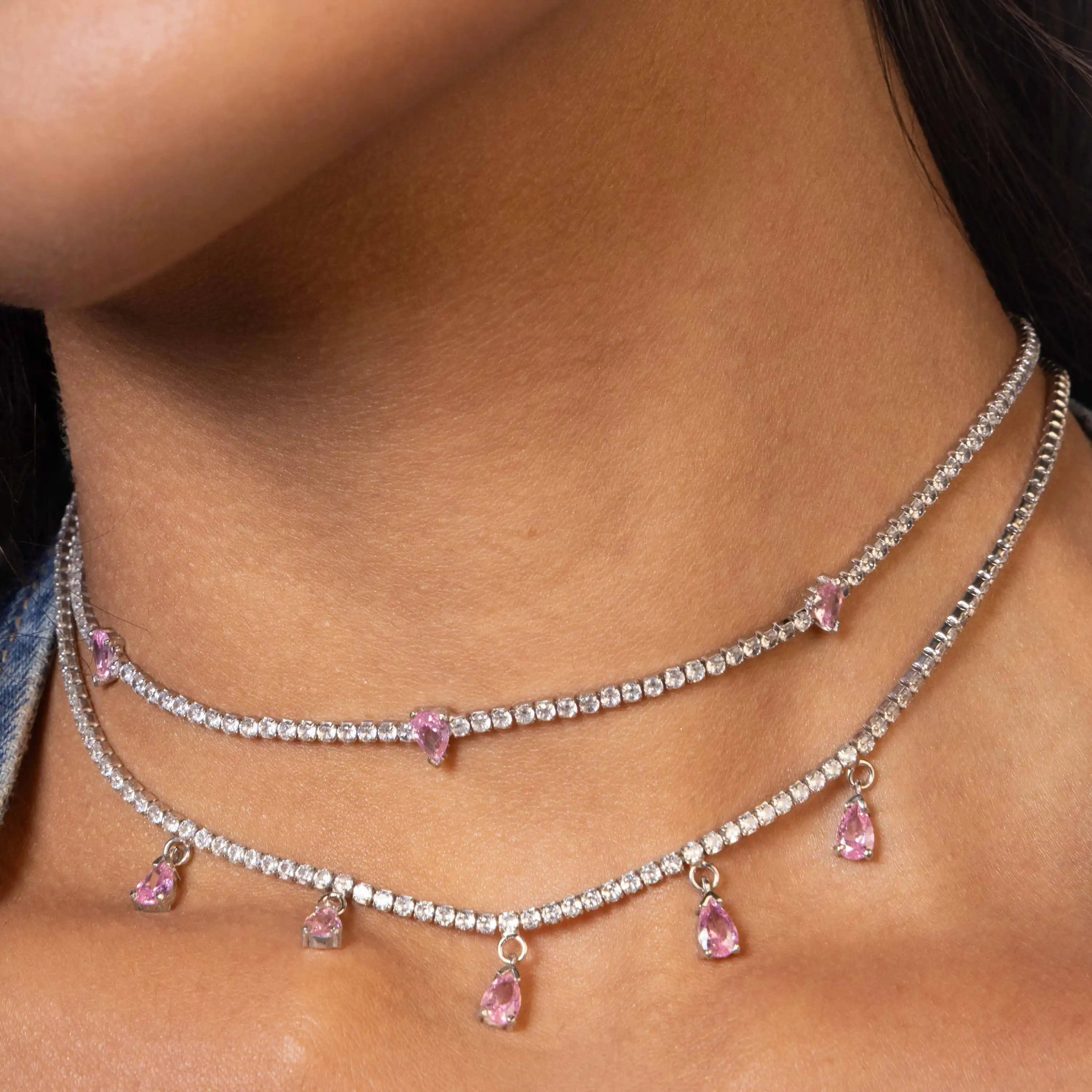 Dangling Multi Teardrop Tennis Choker - Silver Light Pink And White