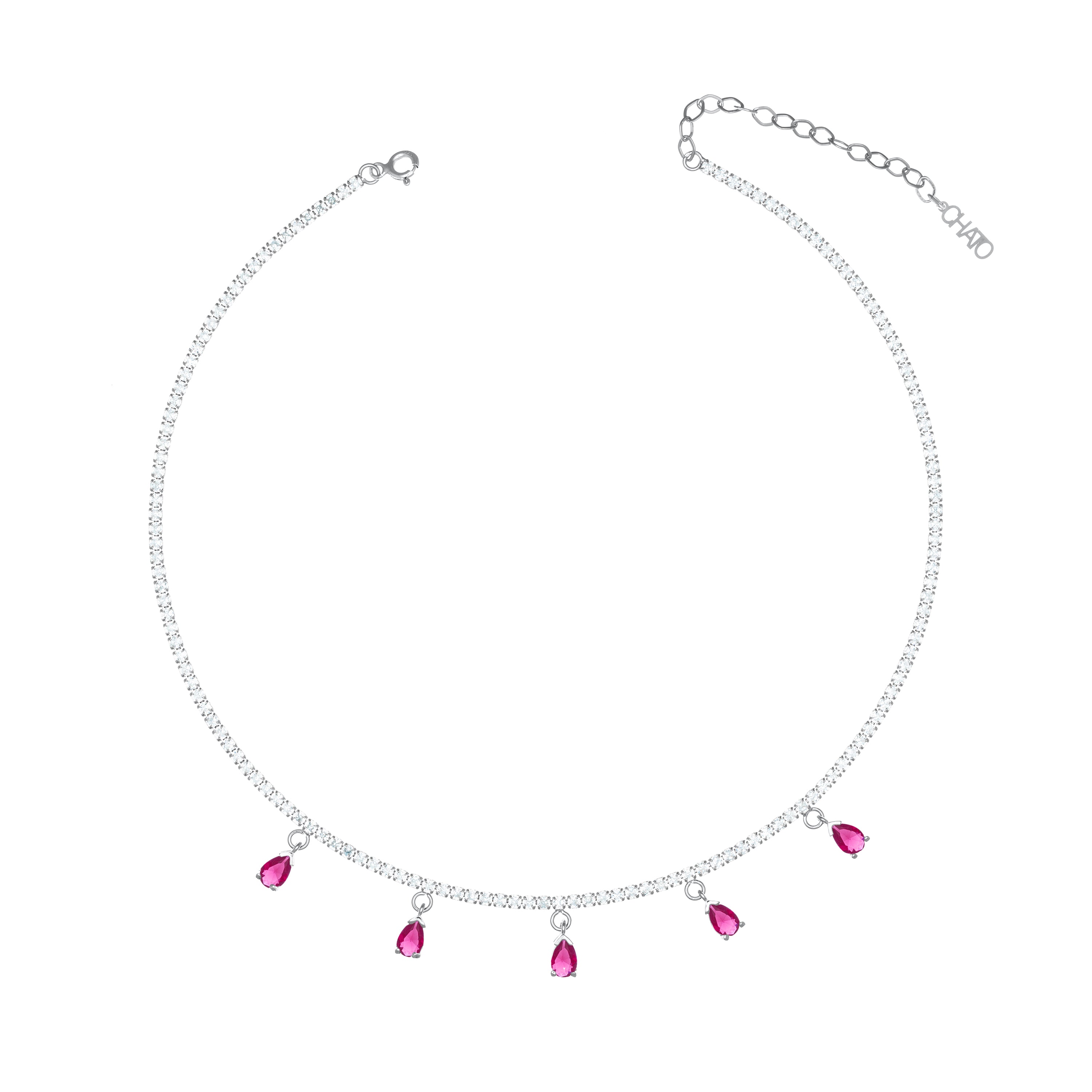 Dangling Multi Teardrop Tennis Choker - Silver Ruby Matt And White