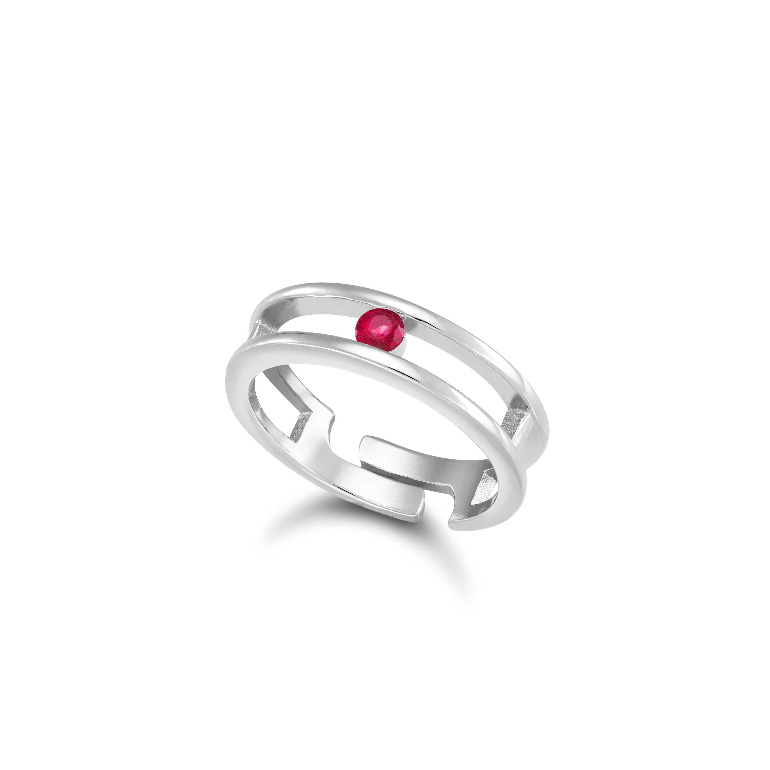 Double Circle With One Dot Ring - Silver Ruby
