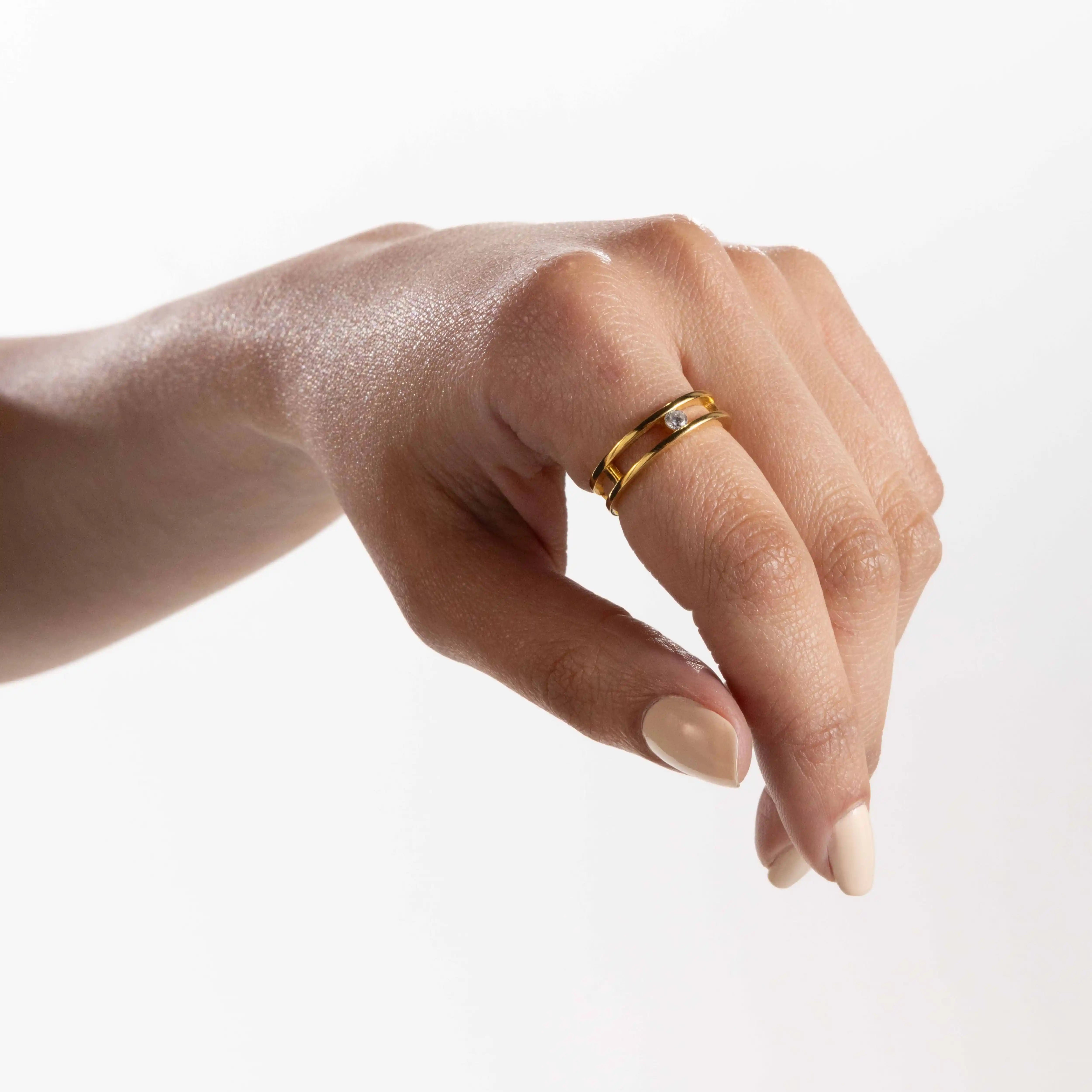 Double Circle With One Dot Ring - Gold White