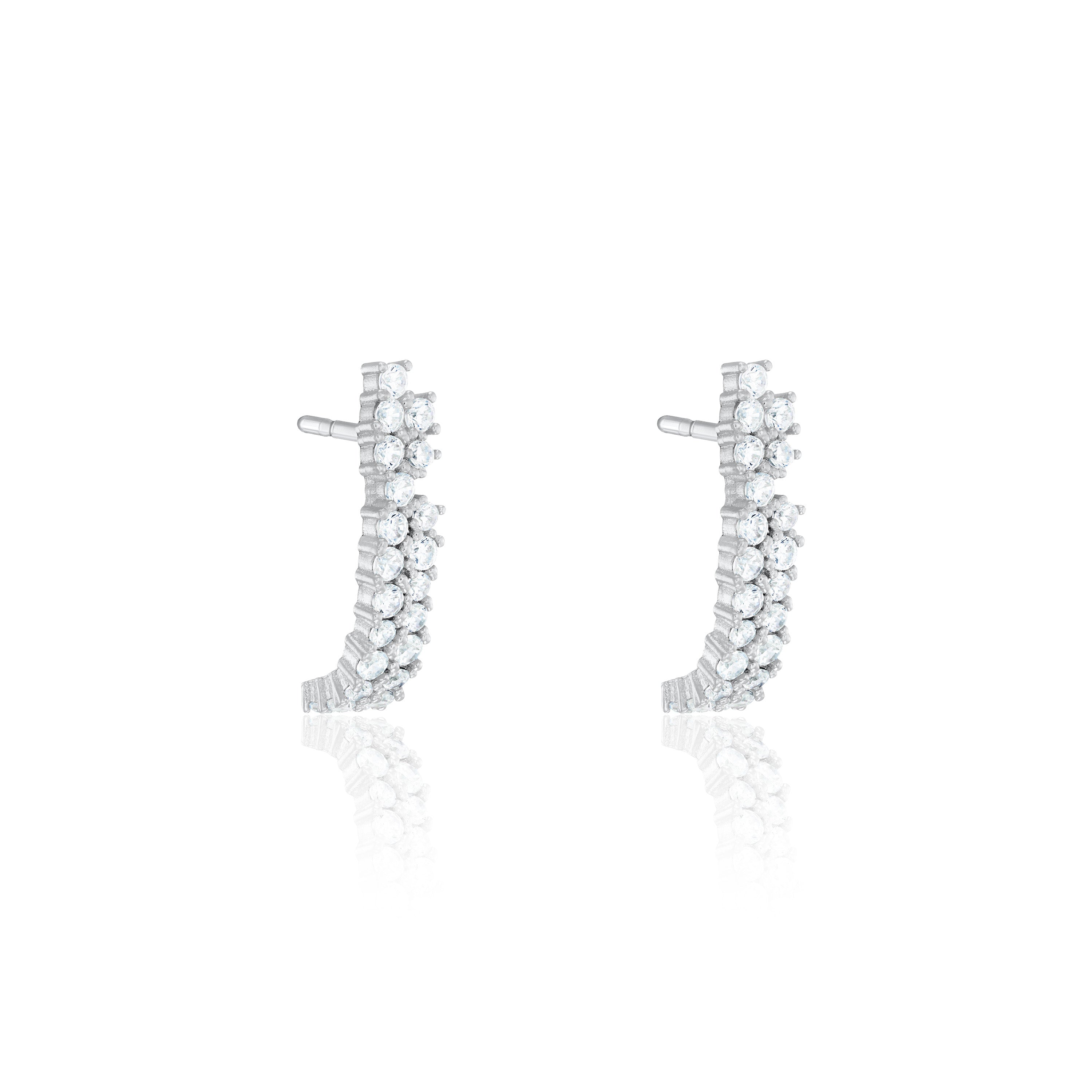 Double Line Cubic Zirconia Semi Hoop Earrings - Silver White