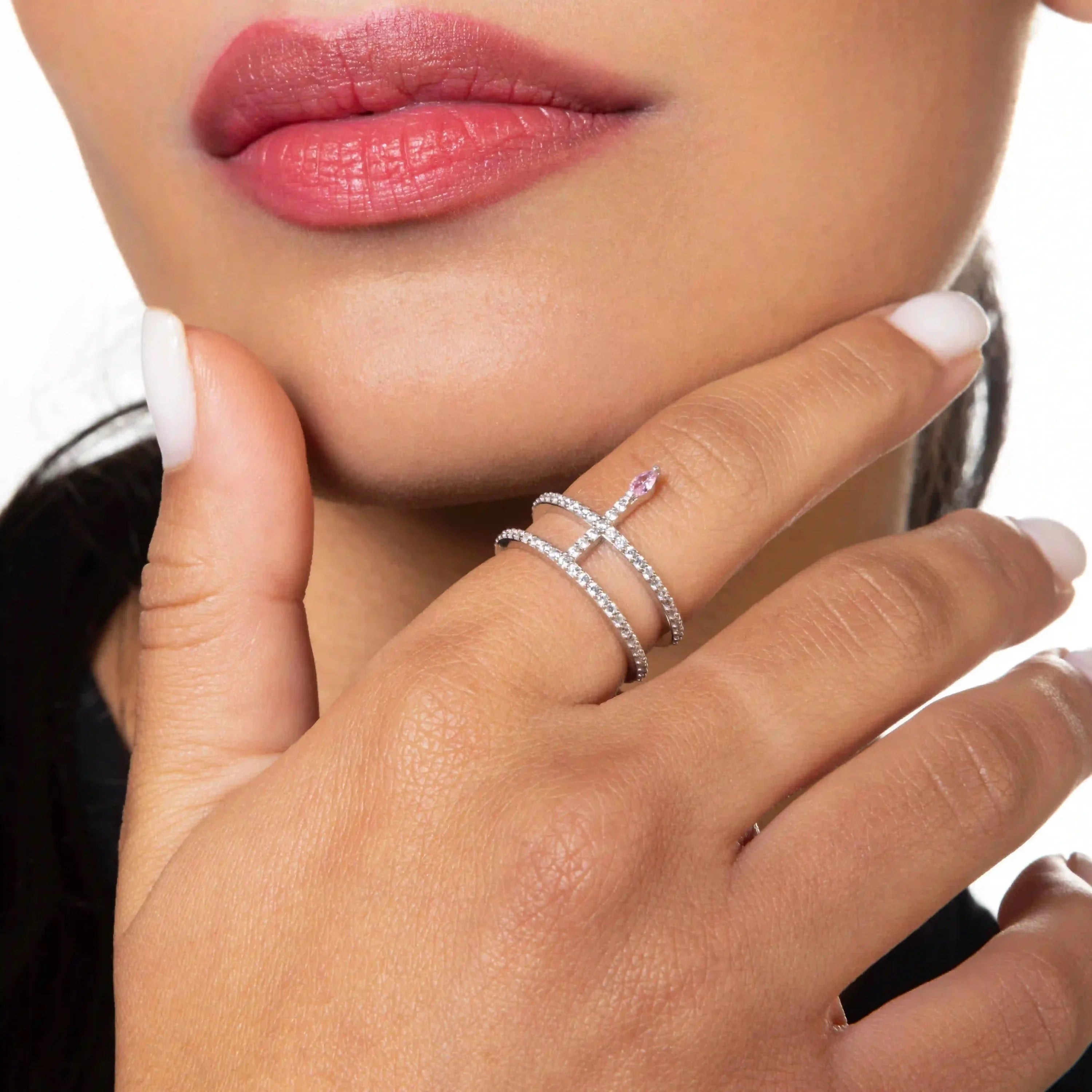 Double Line CZ With Thin Line Marquise Ring - Silver Light Pink And White