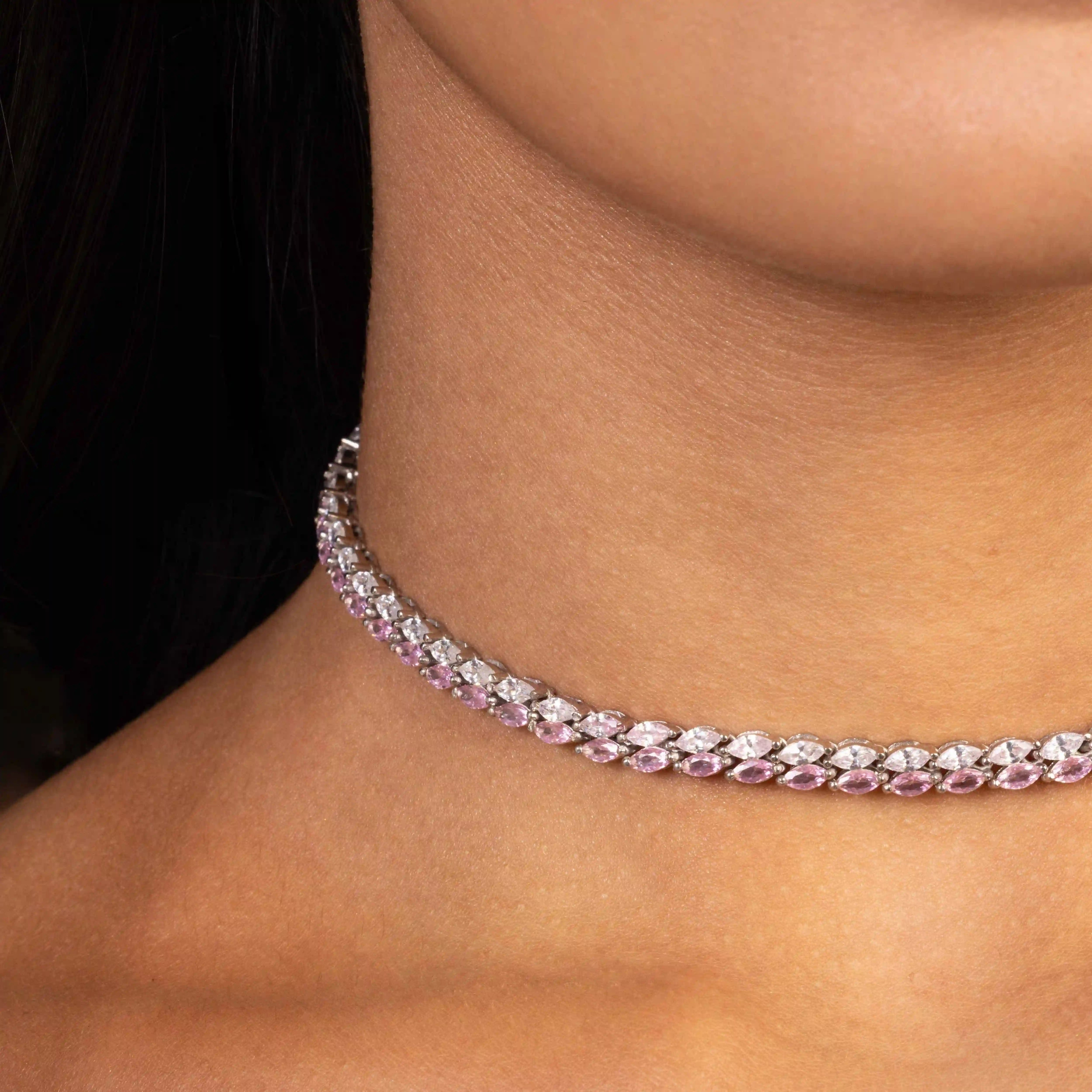 Double Marquise Line Tennis Choker - Silver Light Pink