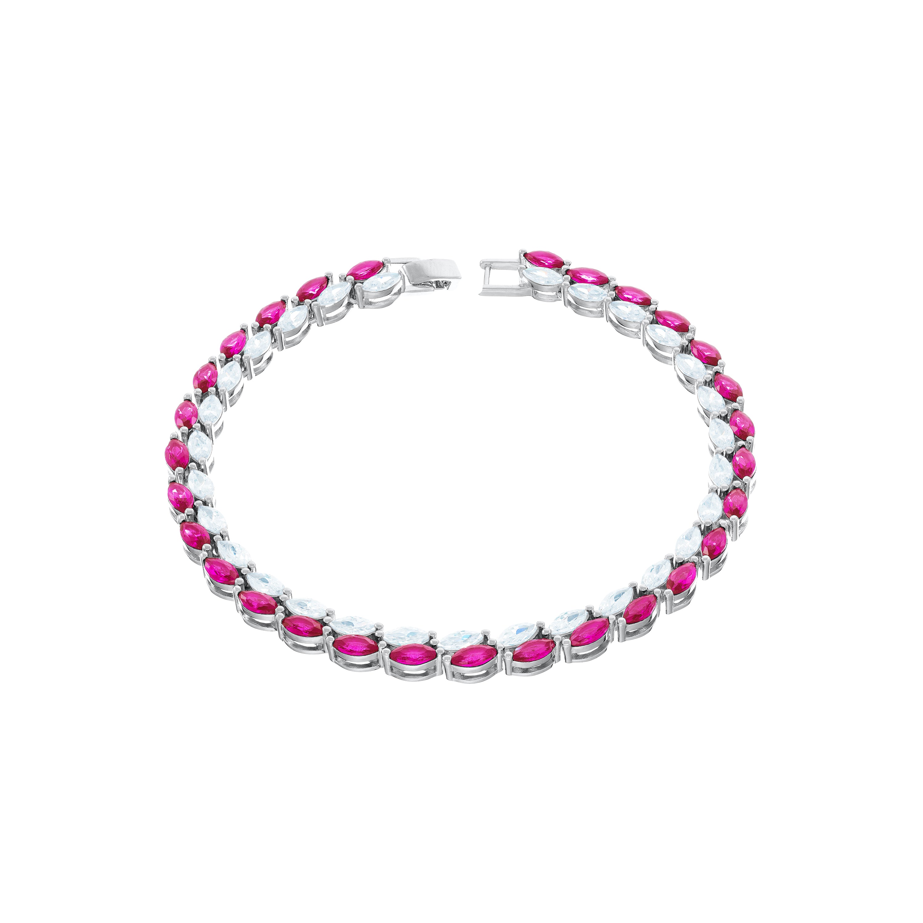 Double Marquise Line Tennis Bracelet - Silver Fuschia jade matt  And White