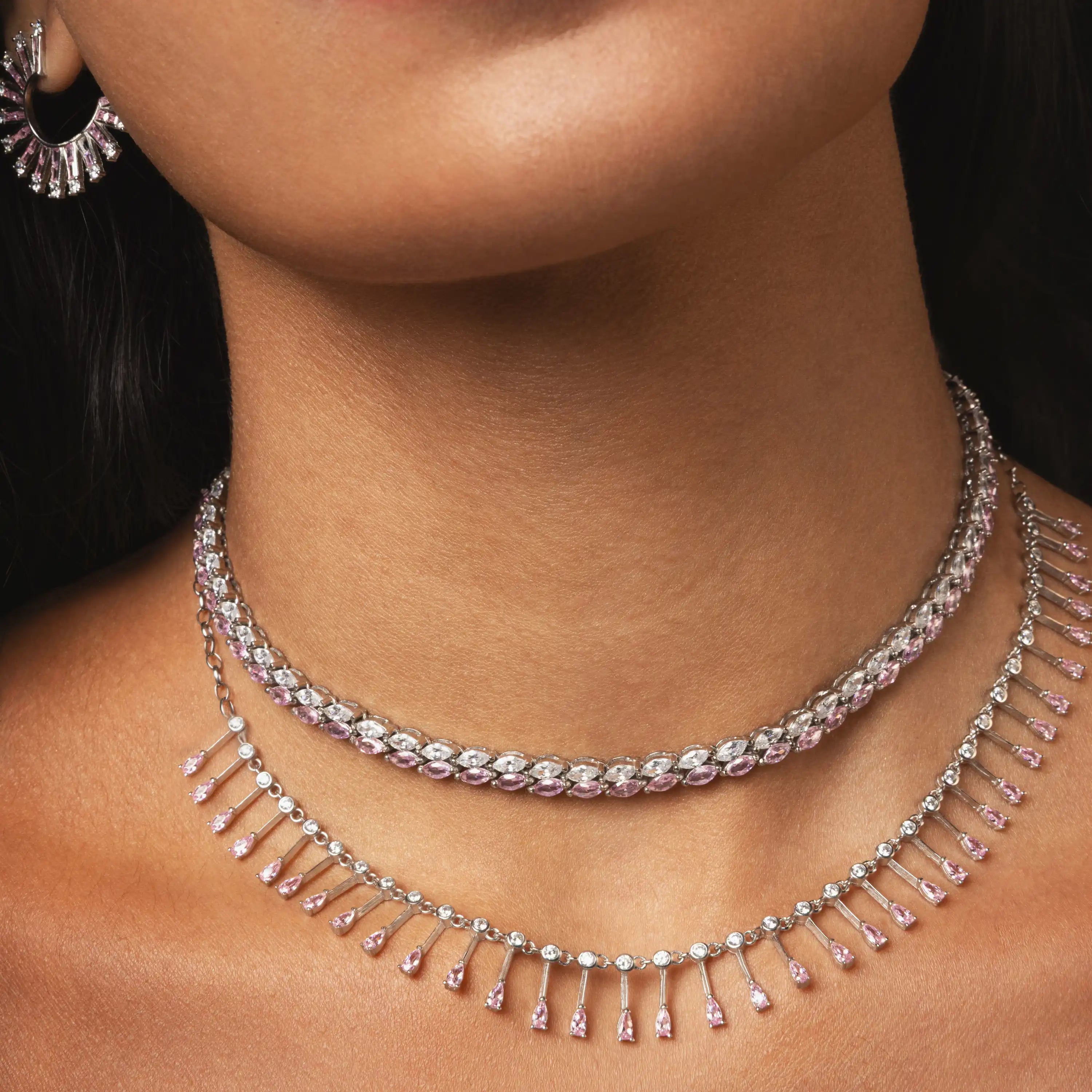 Double Marquise Line Tennis Choker - Silver Light Pink