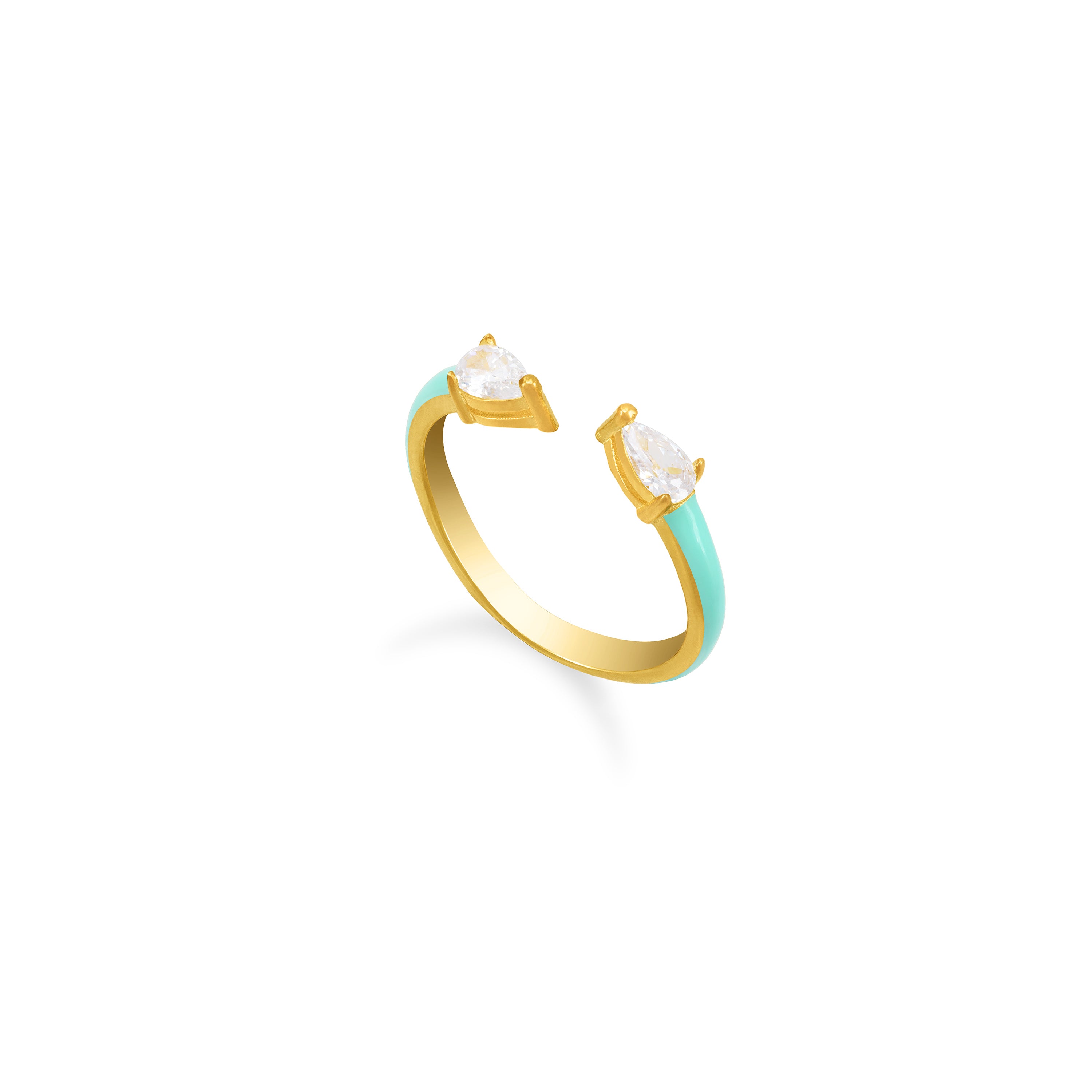 Double Pear Cubic Zirconia Enamel Open Ring - Gold Turquoise