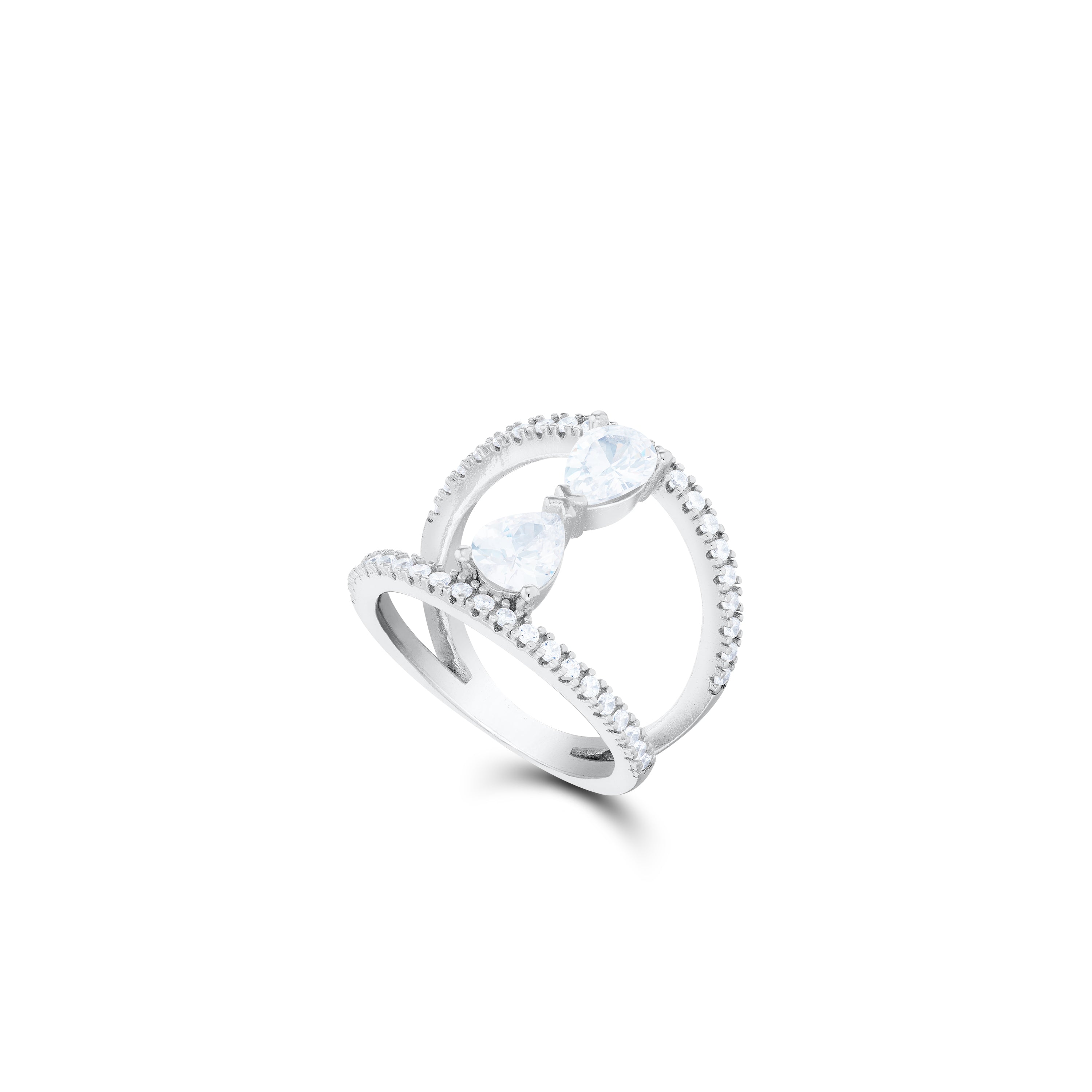 Double Teardrop Two Line Pave Ring - Silver White
