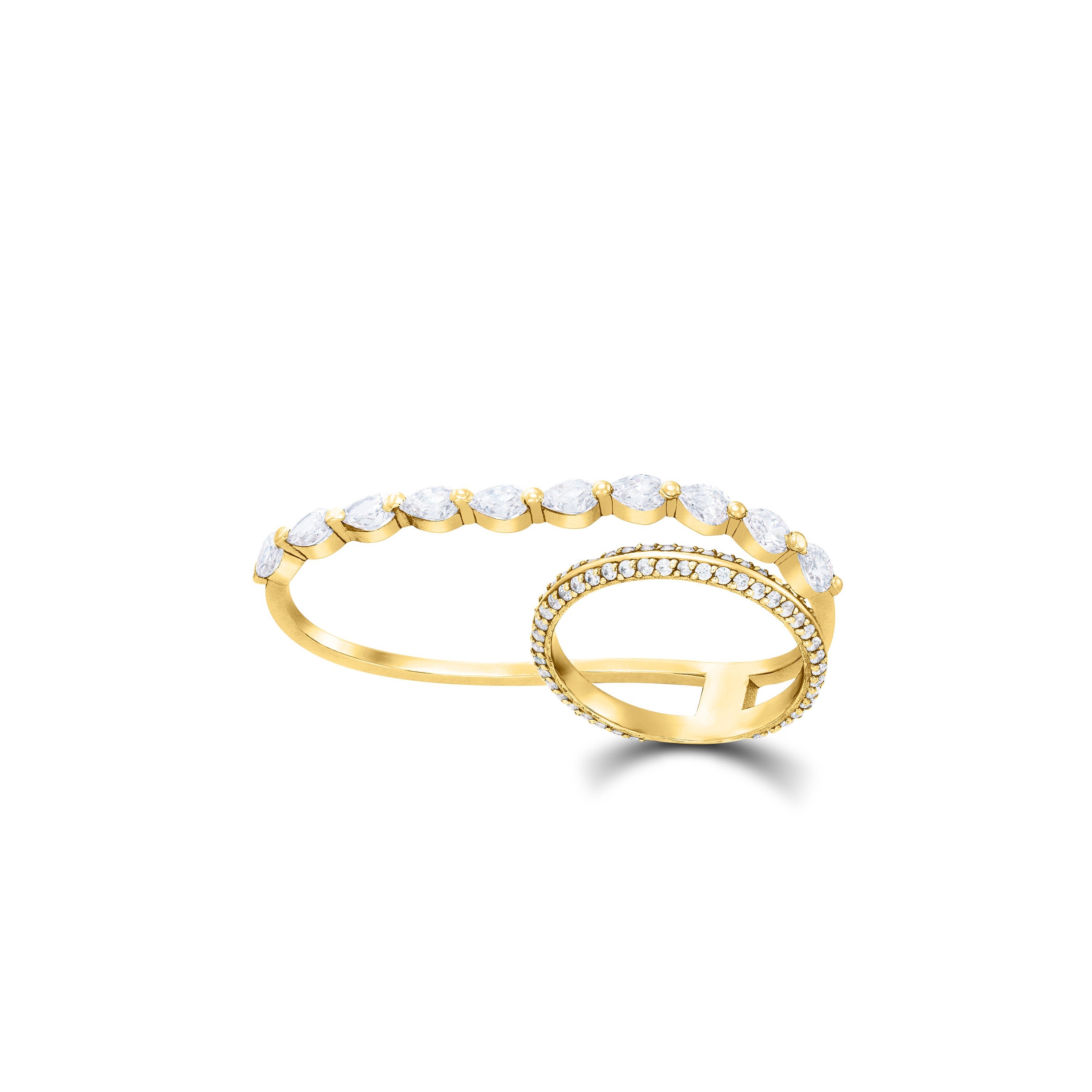 Dual-Finger Teardrop CZ Line Band Ring - Gold White