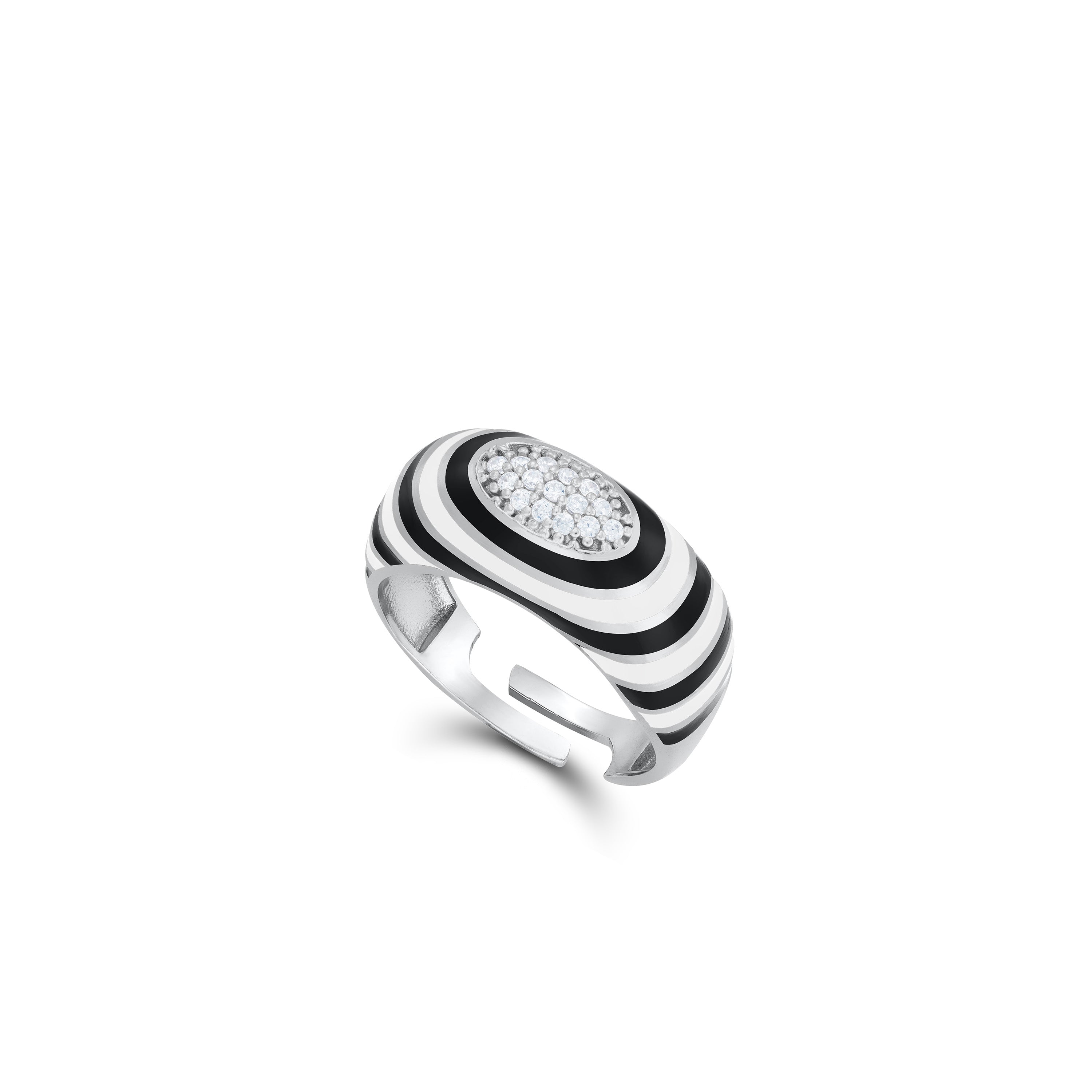 Enamel Round  Honeycomb Cubic Zirconia Ring - Silver Black And White