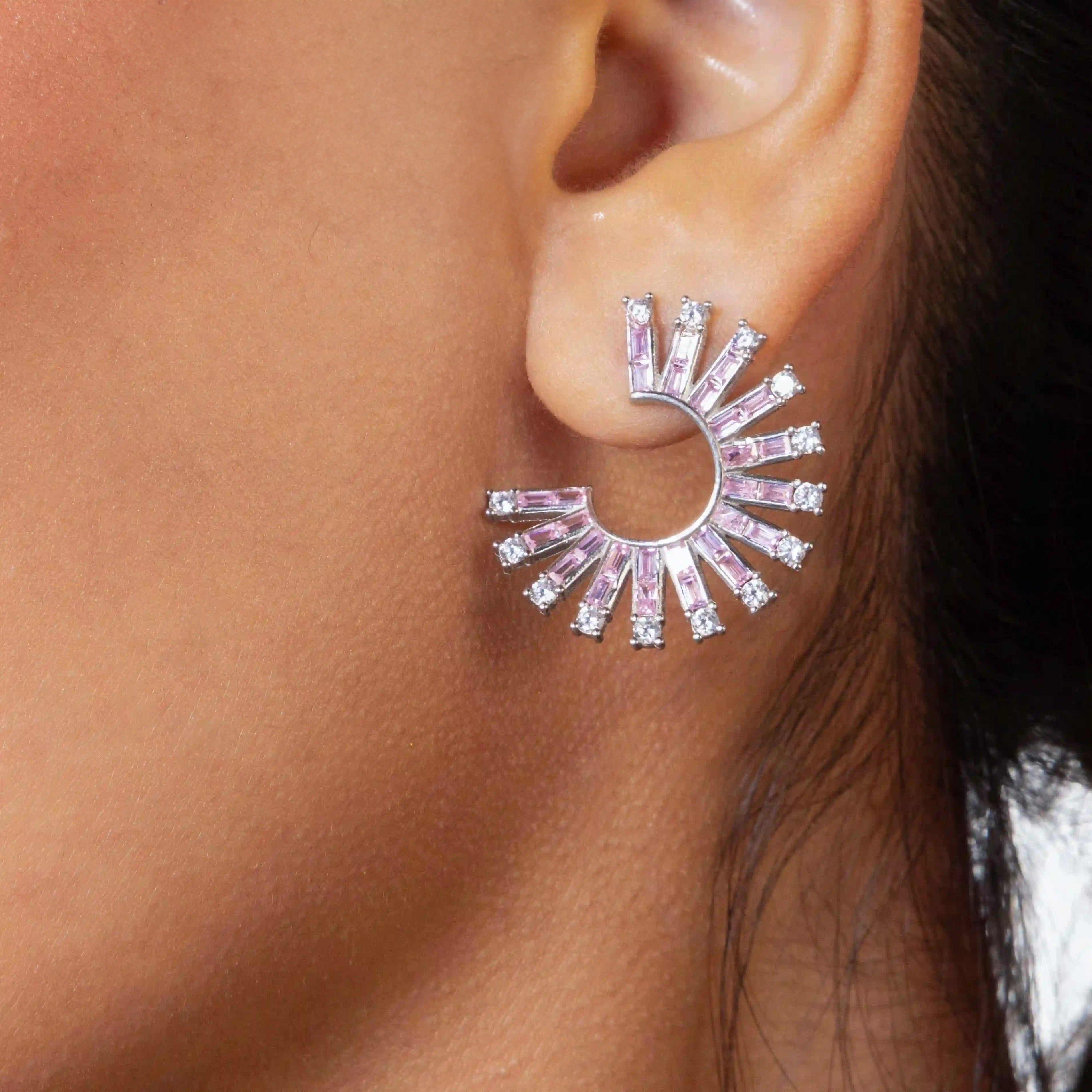 Cubic Zirconia Baguette Sun Rays C Shape Earrings - Silver Light Pink And White