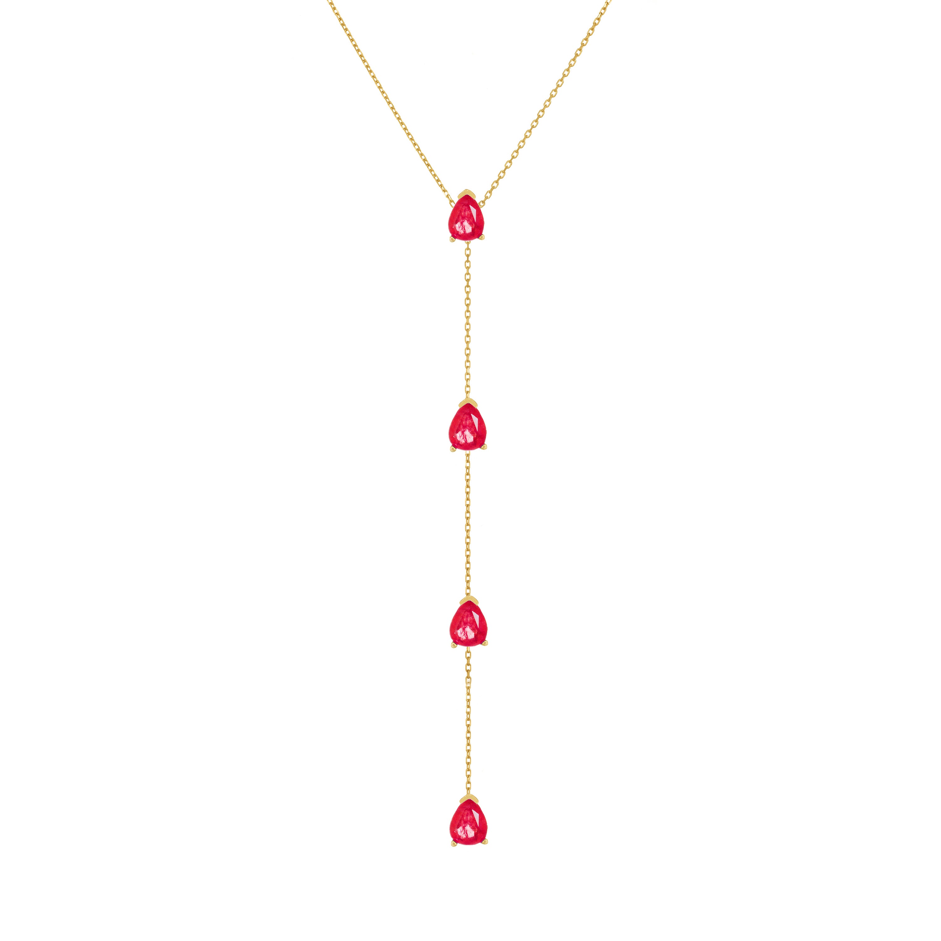 Four Teardrops Lariat Necklace - Gold Ruby Cz