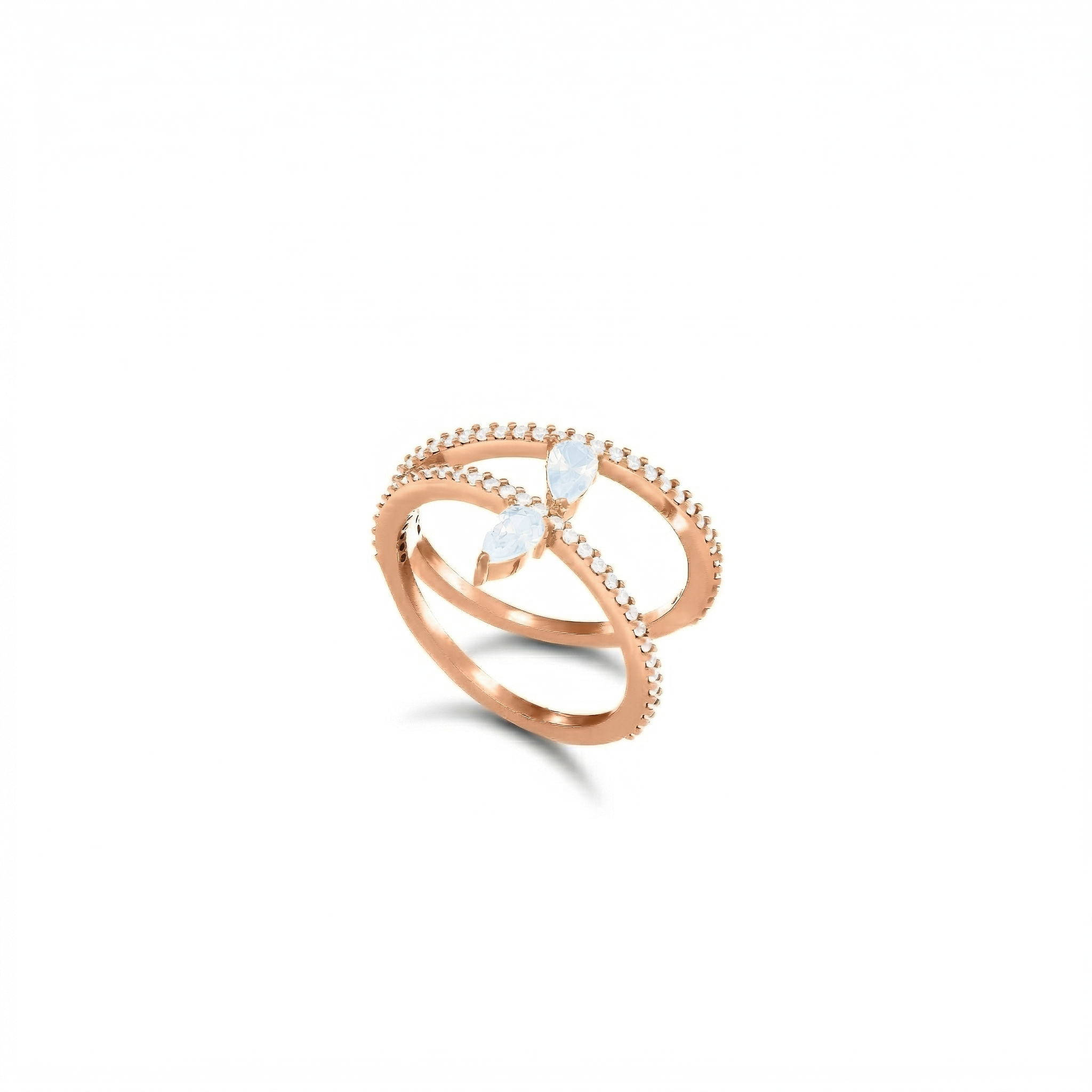 Inclined Two Line Teardops Ring - Rose Gold White