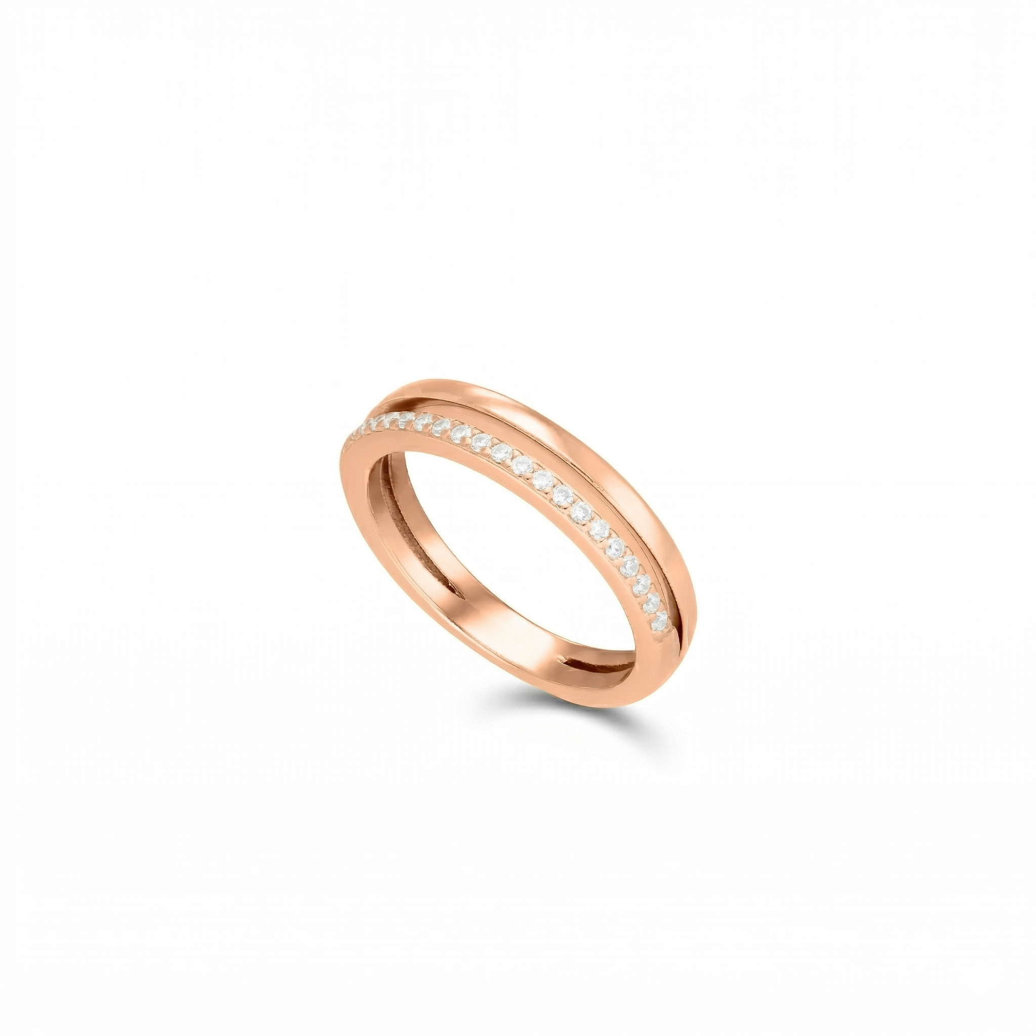 Half Plain Half Cubic Zirconia Double Line Ring - Rose Gold White