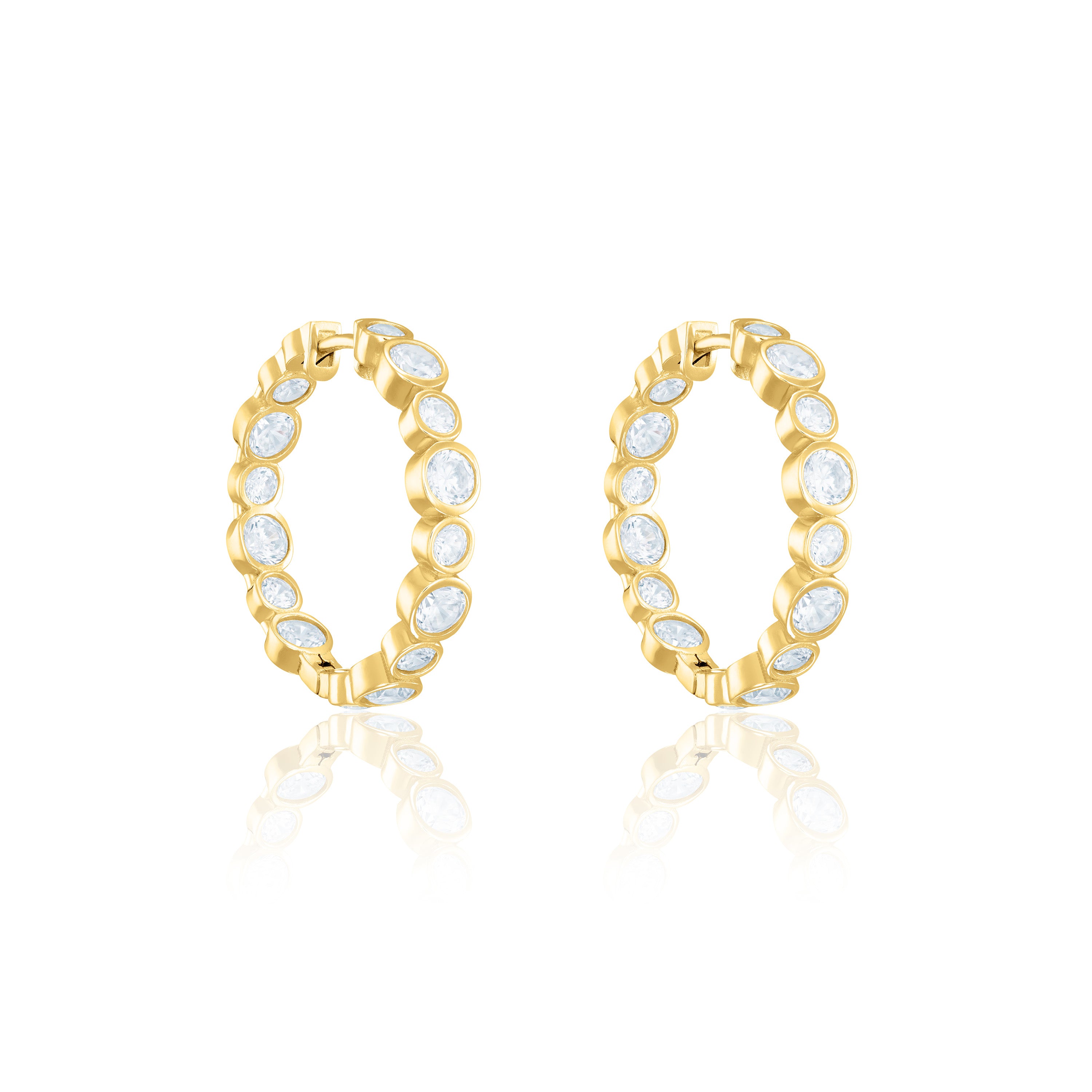Graduated Round Bezel Cz Hoops Earrings - Gold White - Big