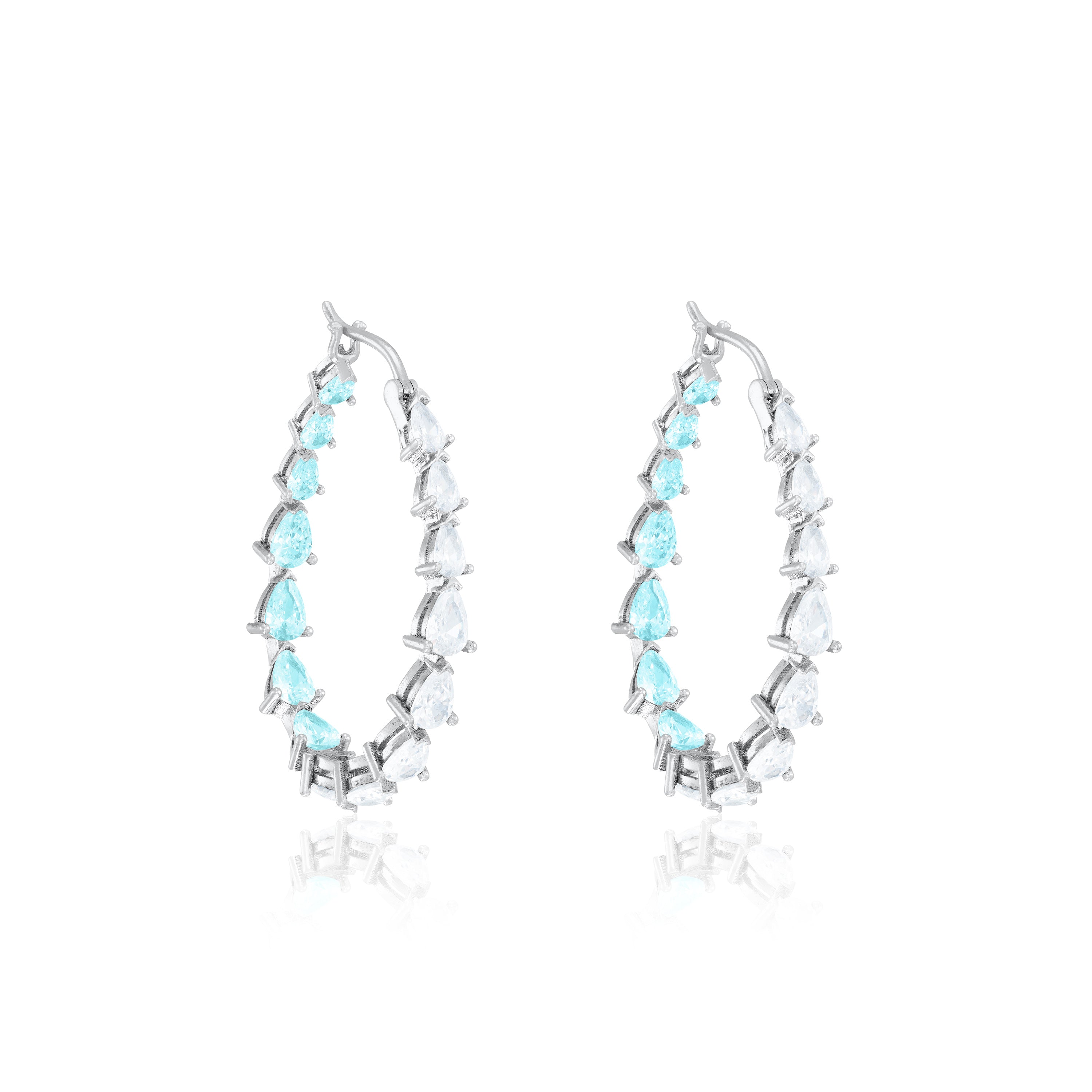 Graduated Teardrop Inside-Out Hoop Earrings - Silver Half Aquamarine Half White