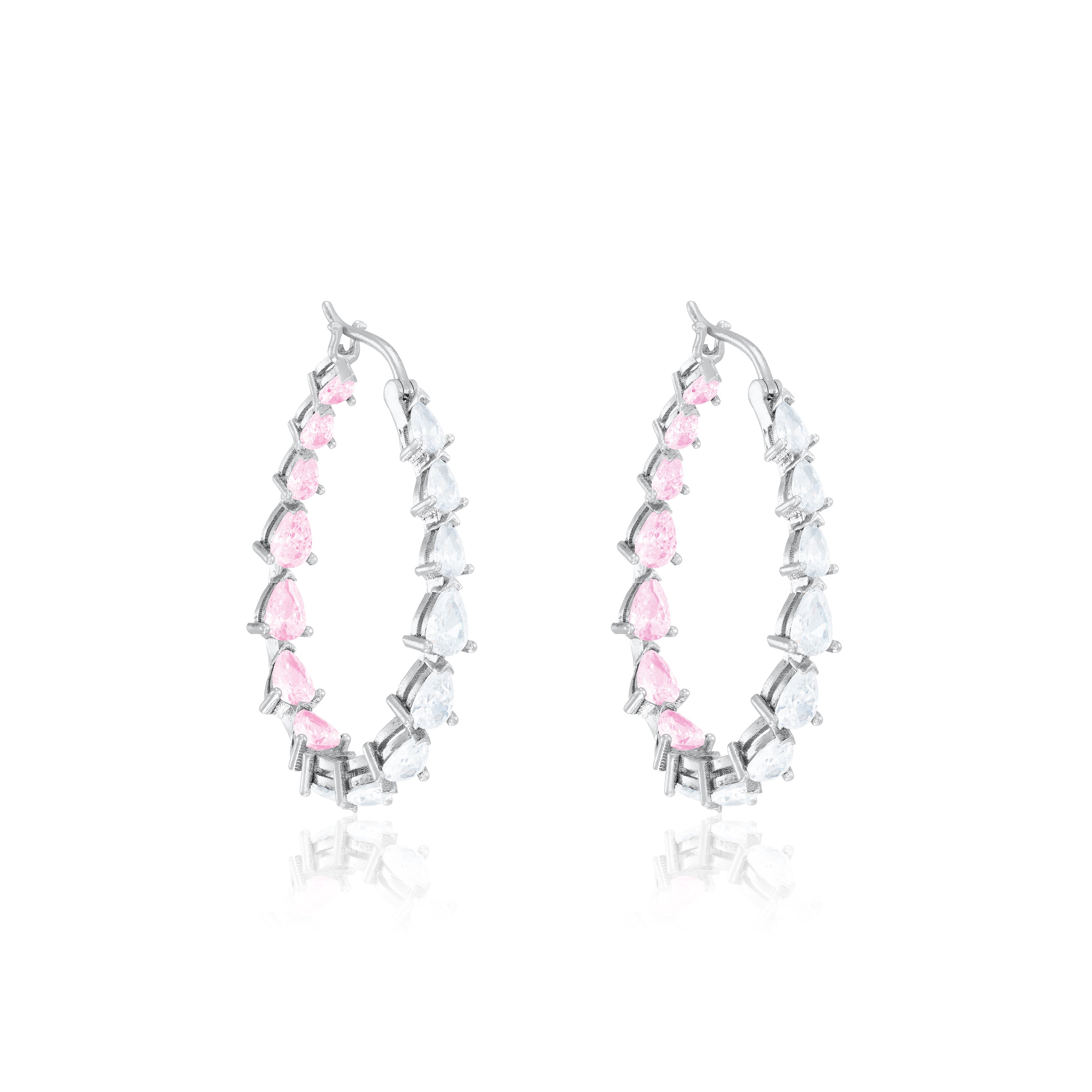 Graduated Teardrop Inside-Out Hoop Earrings - Silver Half Light Pink Half White