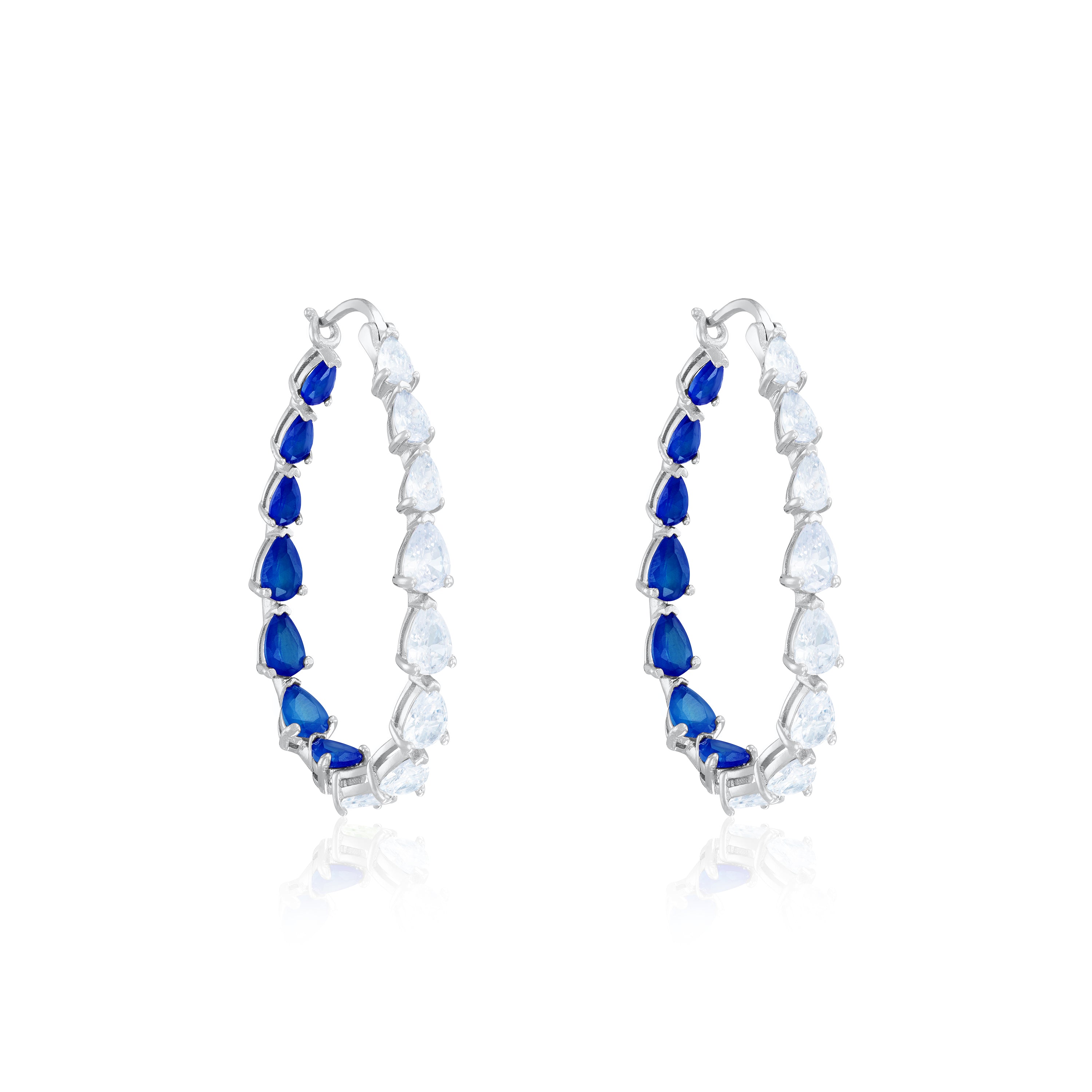 Graduated Teardrop Inside-Out Hoop Earrings - Silver Half Navy Blue Half White