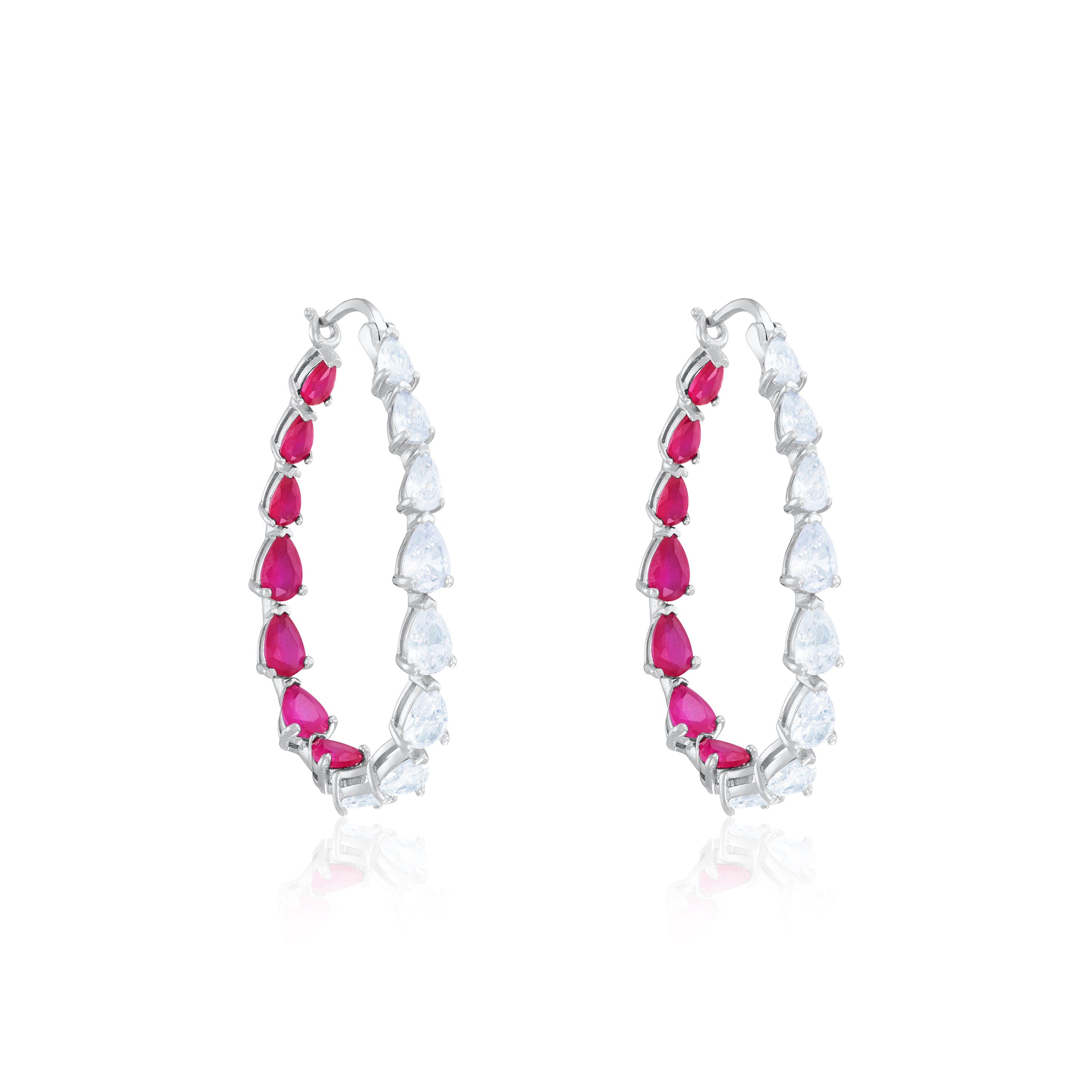 Graduated Teardrop Inside-Out Hoop Earrings - Silver Half Ruby Half White