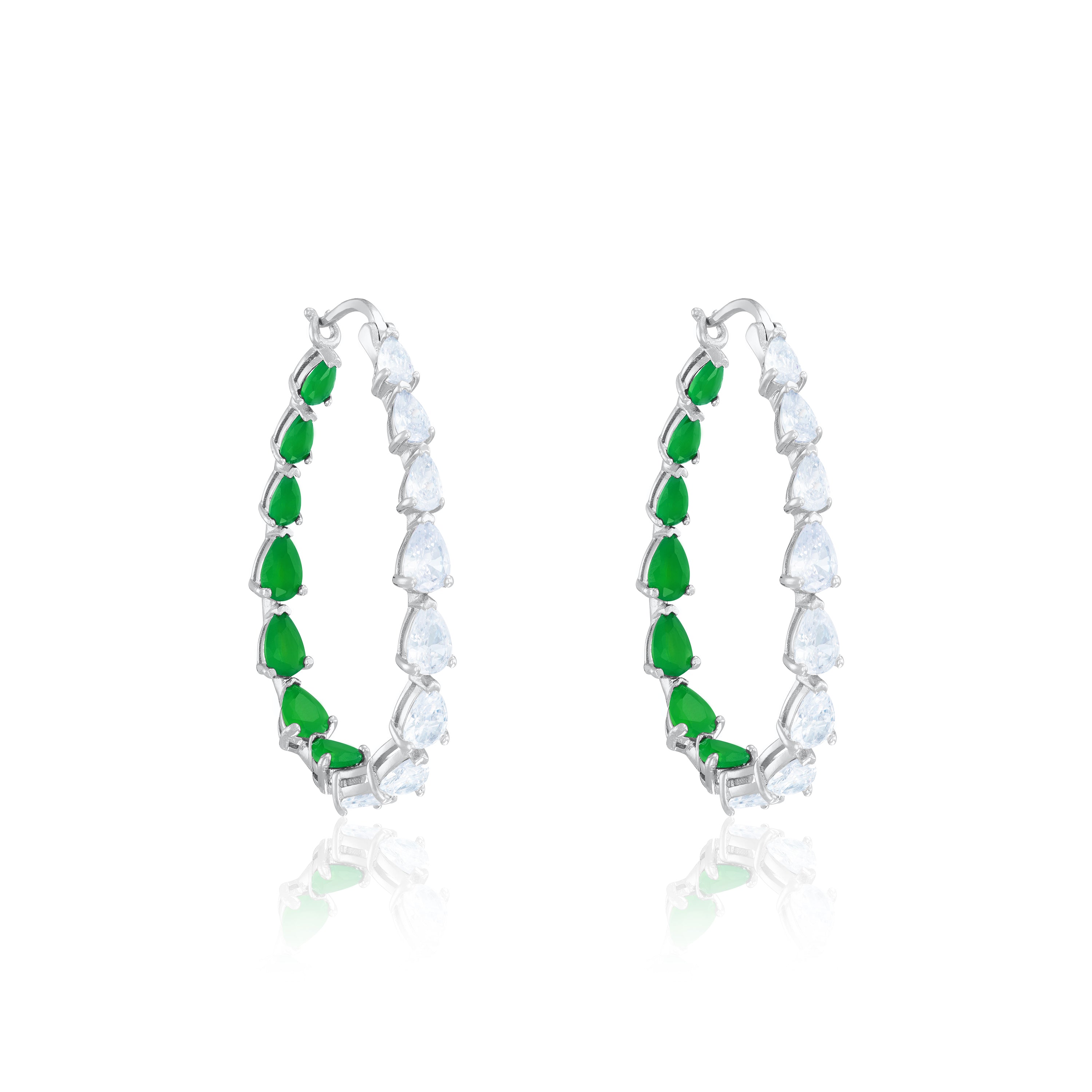 Graduated Teardrop Inside-Out Hoop Earrings - Silver Half White Half Green Matt