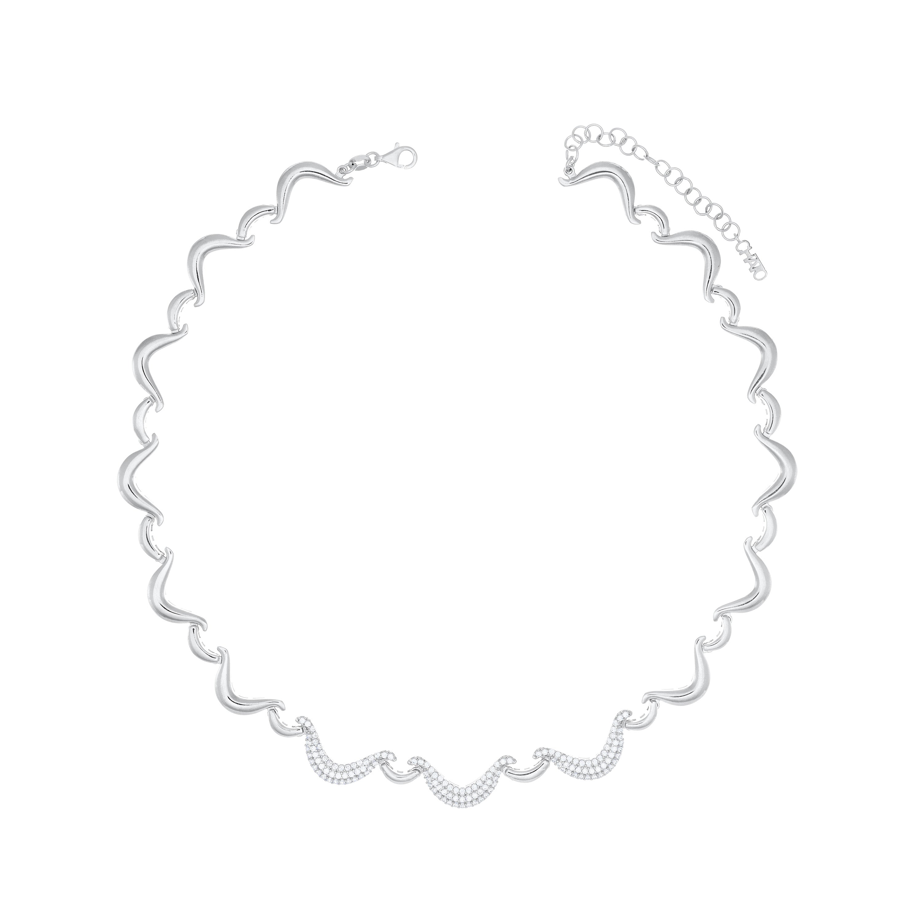Half Pave CZ Wave Link Necklace - Silver White