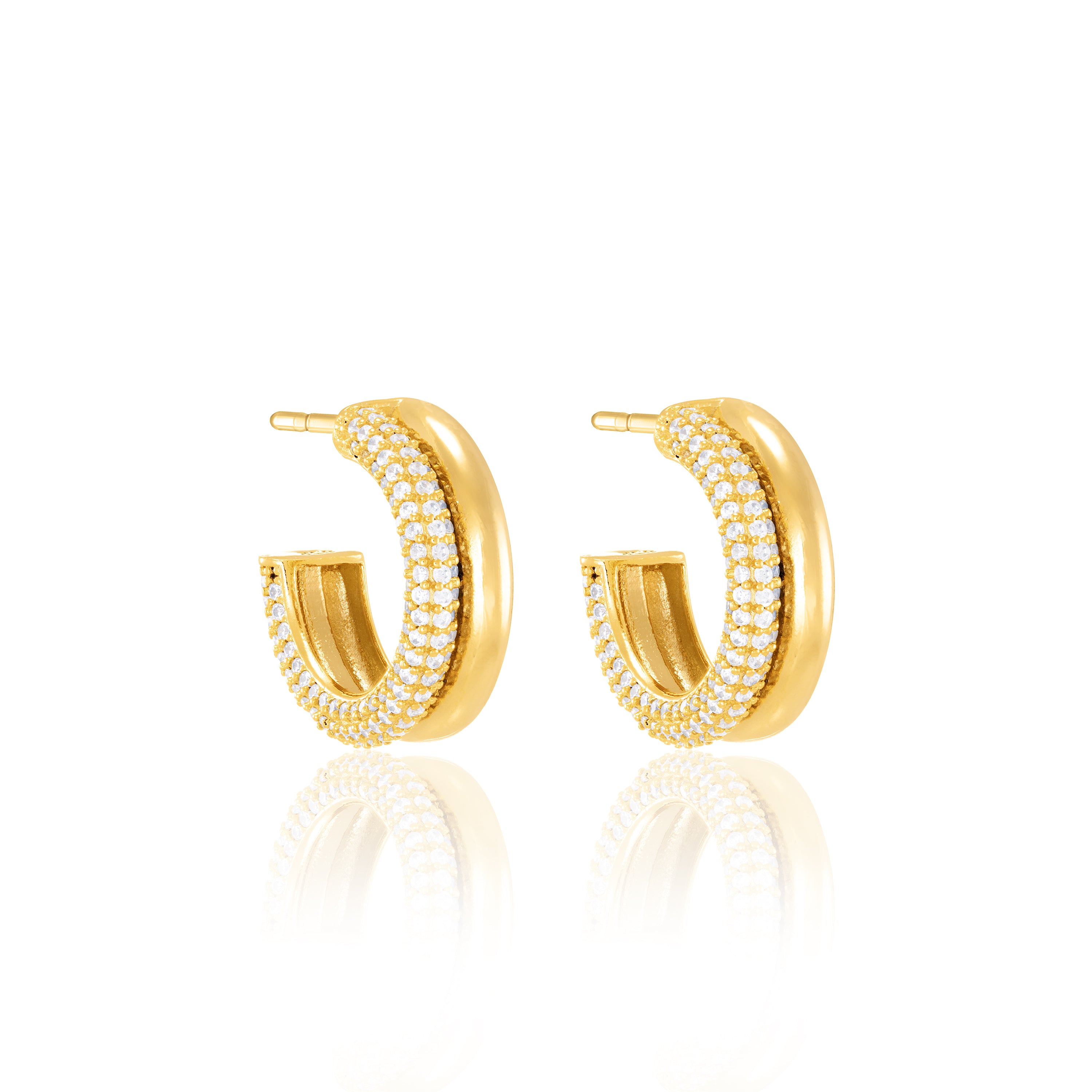 Half Plain Half Pave Semi Hoop Earrings