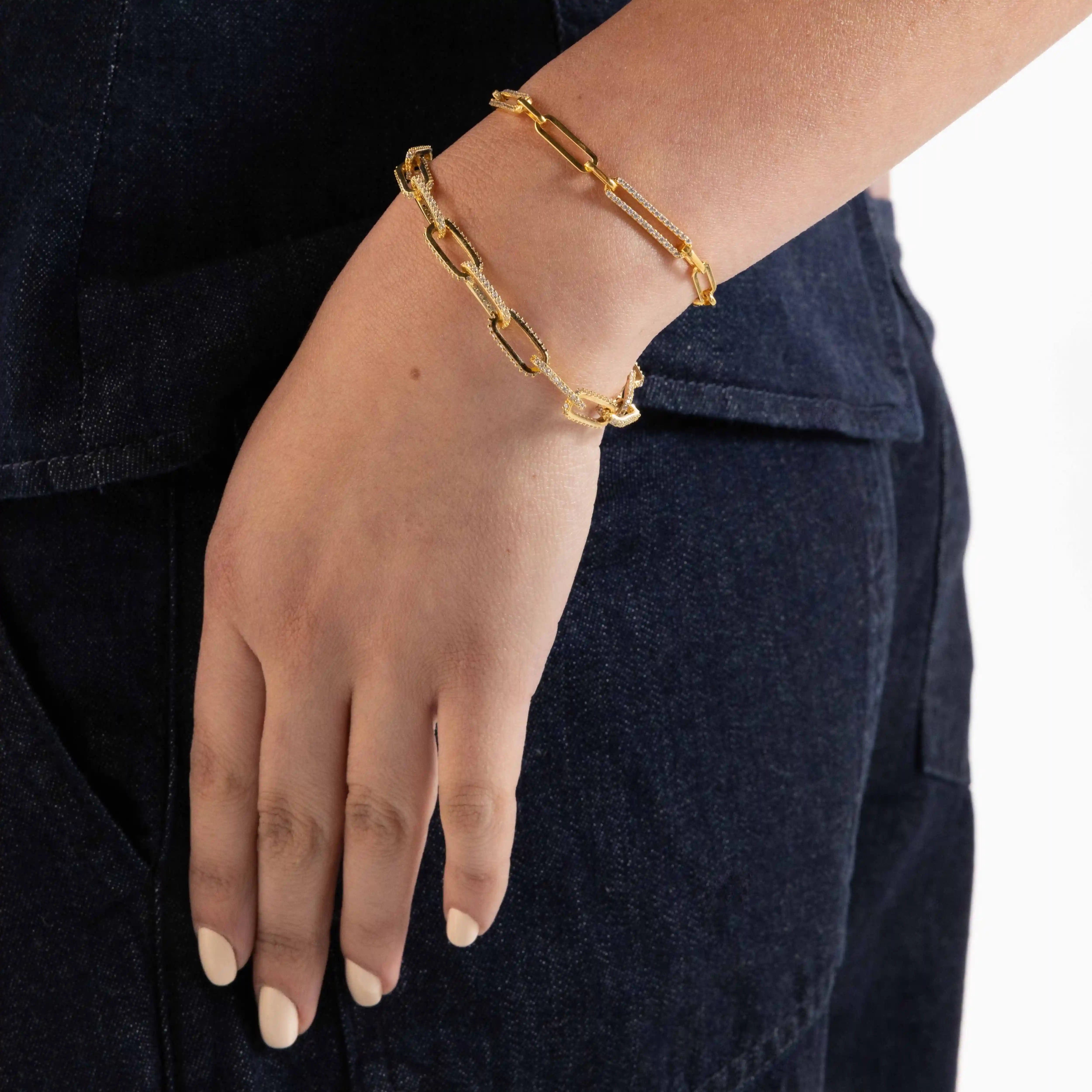 Side Pave Paperclip Link Bracelet - Gold White