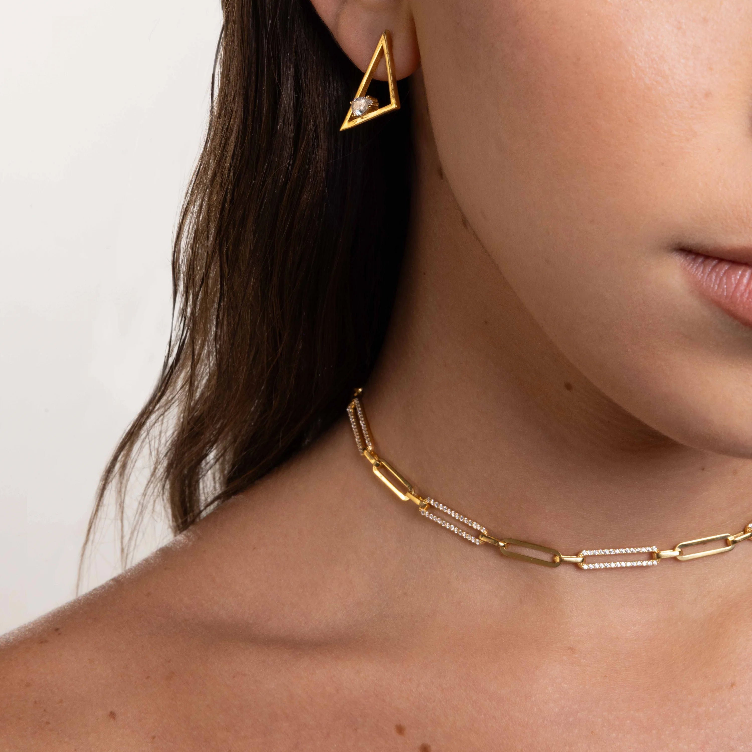 Half Cubic Zirconia Pave Paperclip Chain Link Choker - Gold White