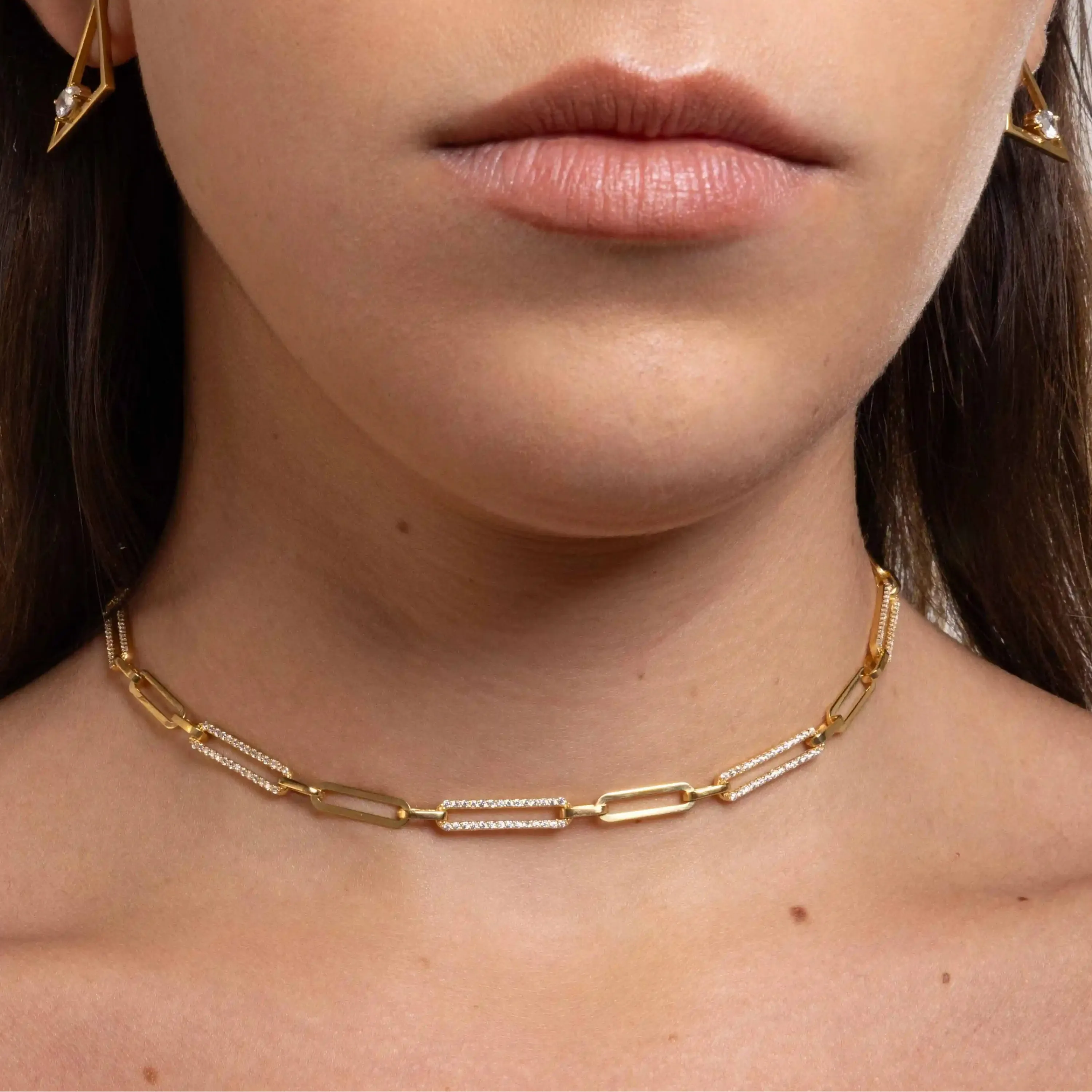 Half Cubic Zirconia Pave Paperclip Chain Link Choker - Gold White
