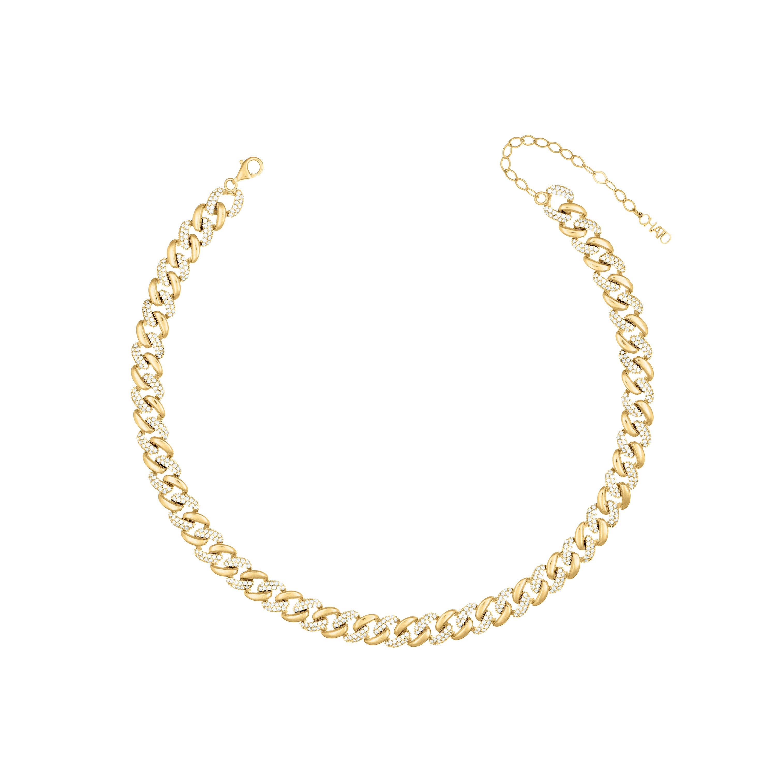 Half Pave Half Plain Cuban Link Chain Choker - Gold White