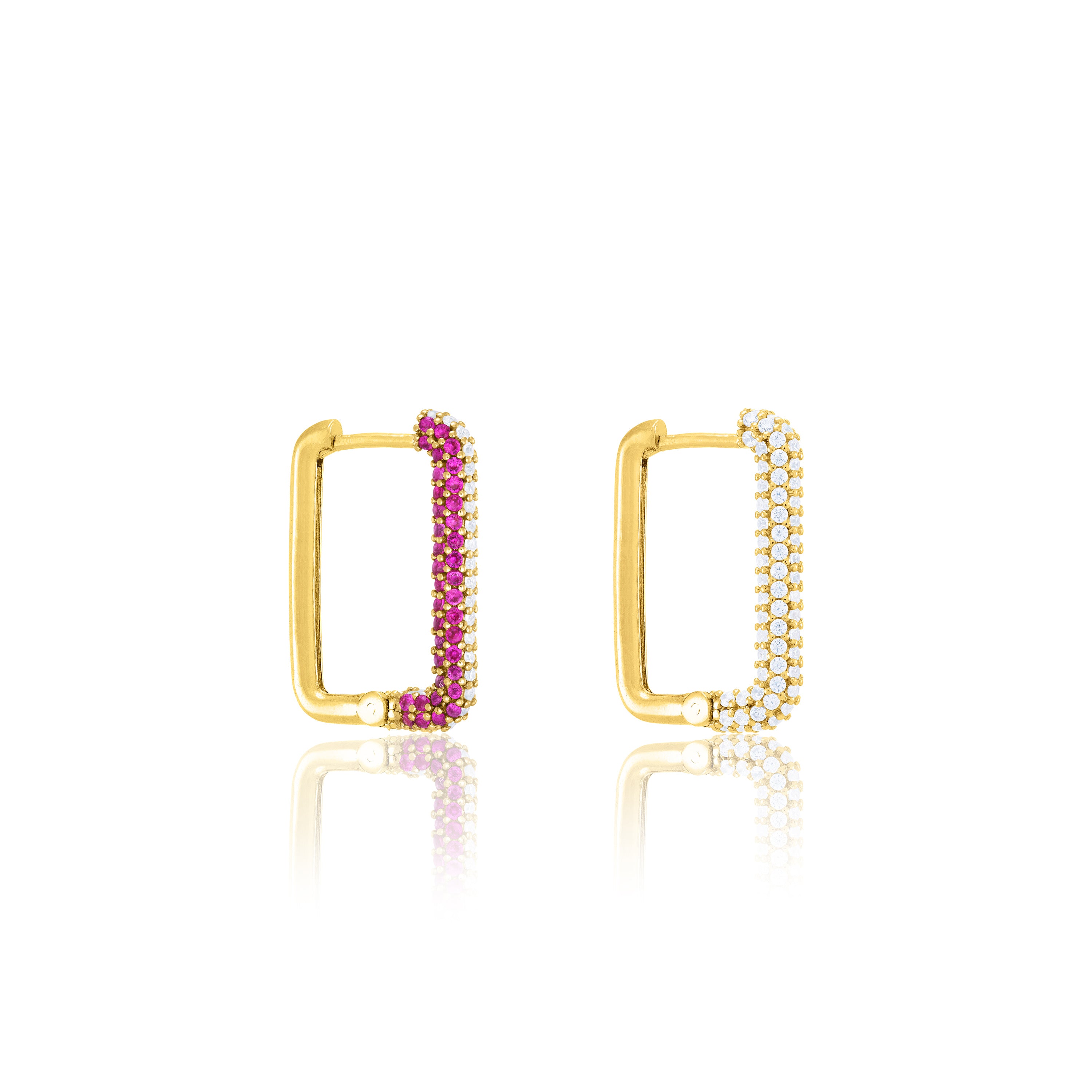 Half Pave Rectangular Hoop Earrings - Gold Fuchsia and White