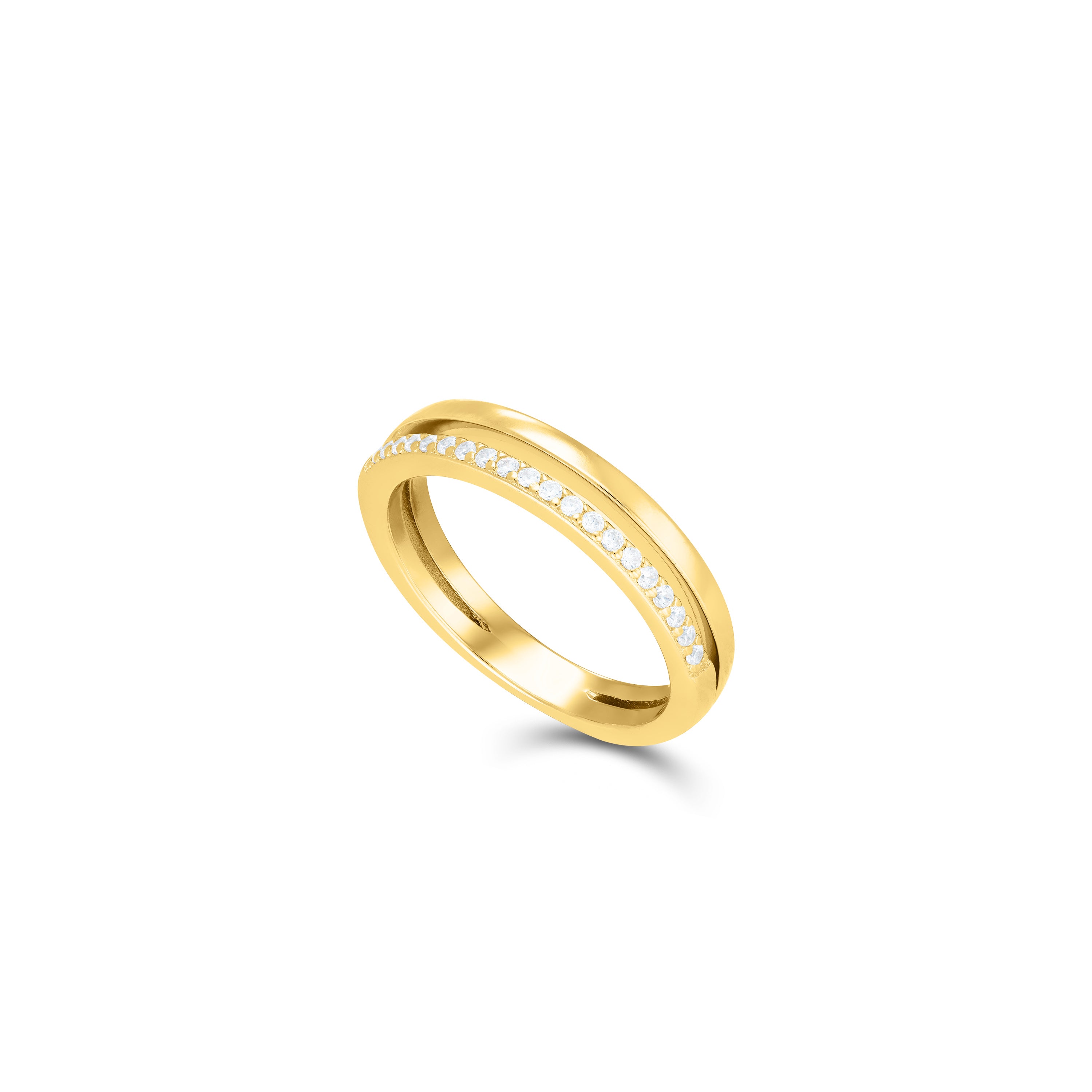 Half Plain Half Cubic Zirconia Double Line Ring - Gold White