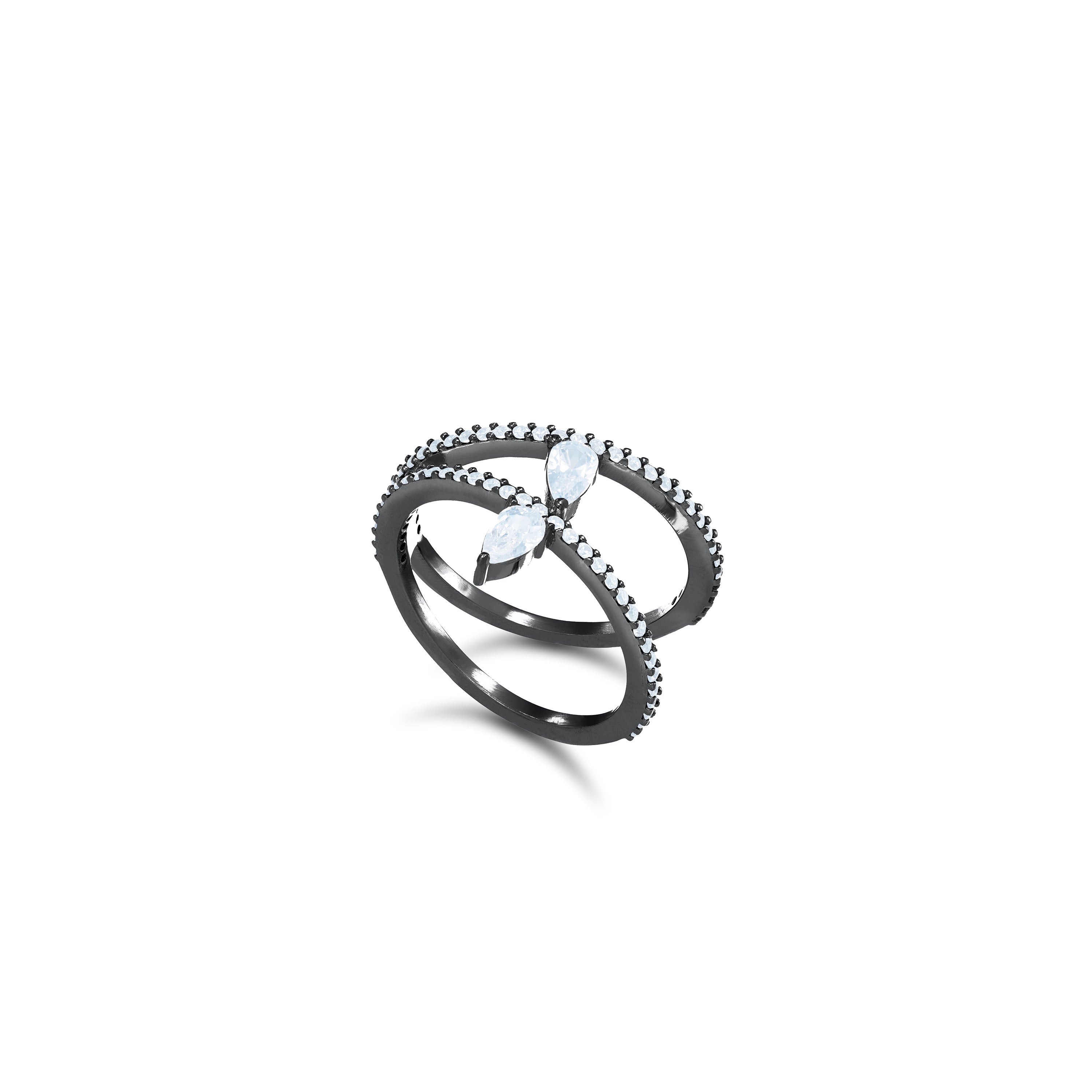 Inclined Two Line Teadrops Ring - Black Rhodium White