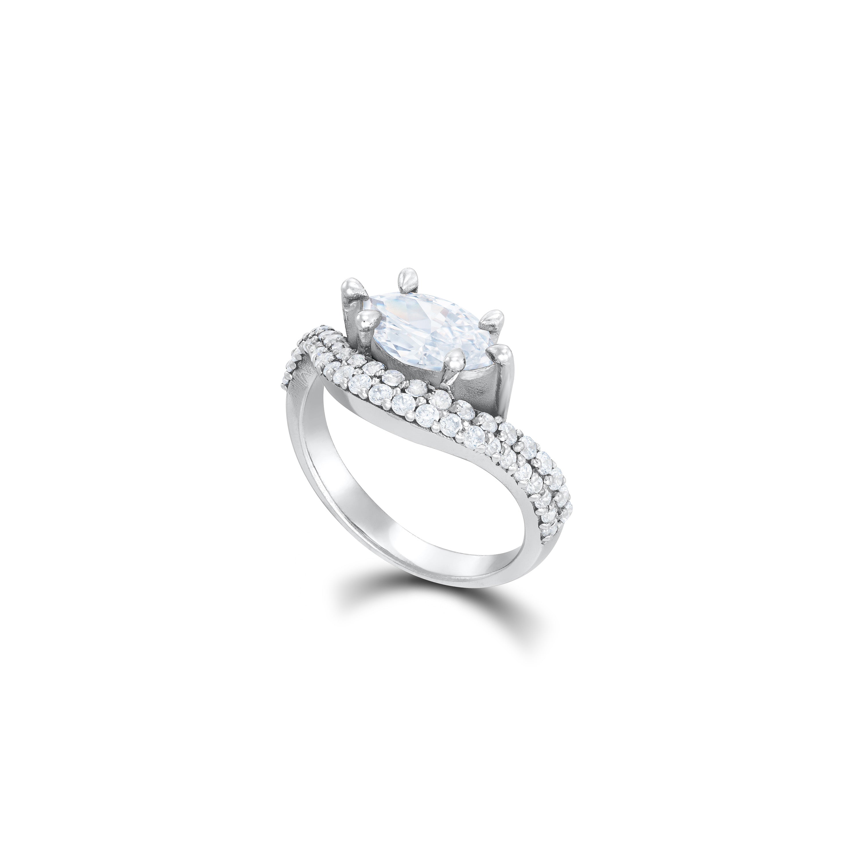 Marquise Cz Pave Wave Band Ring - Silver White